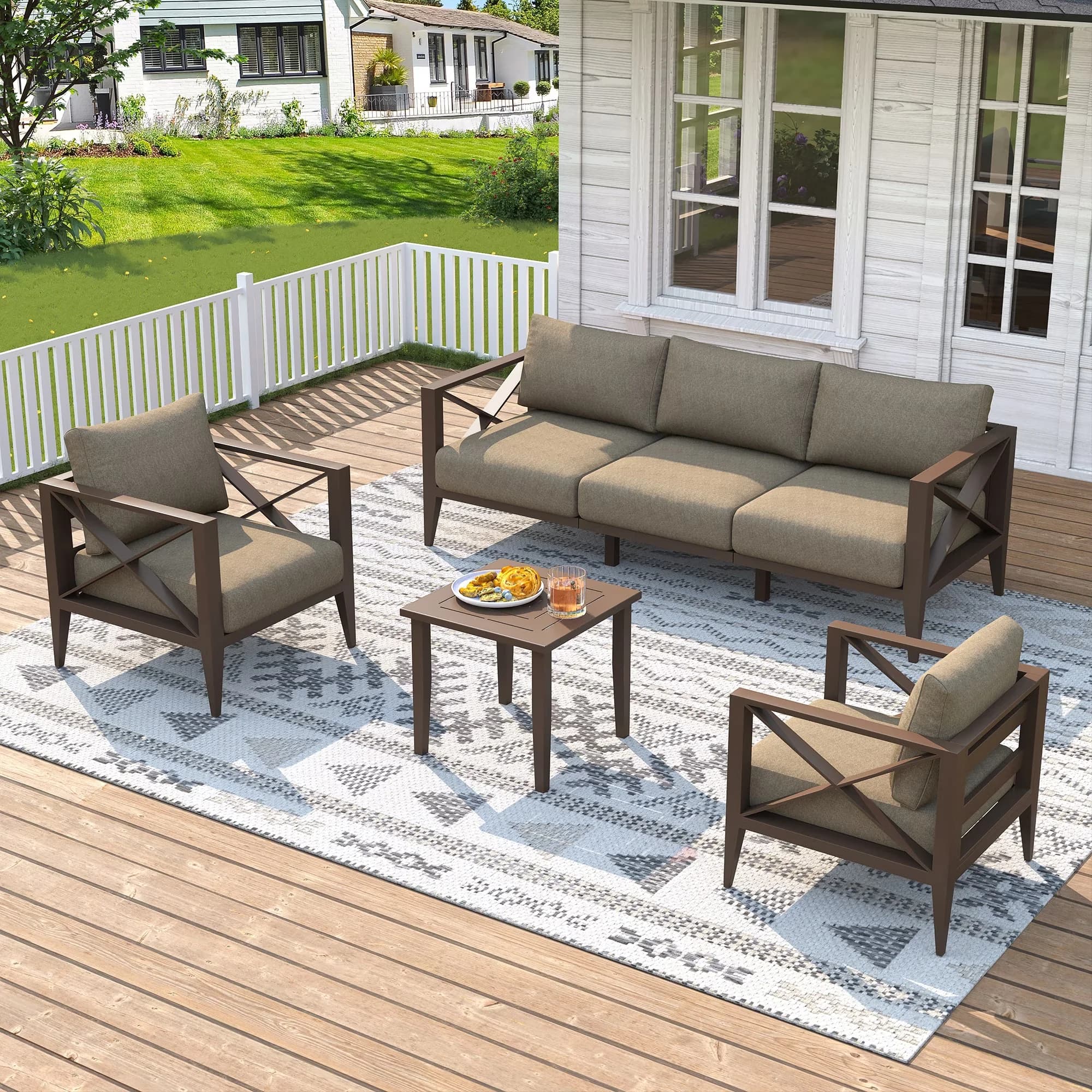Premium Patio Dining Set with Weatherproof, Reclining, 5-Seat Aluminum Conversation - Aluminum Model 82EE7E