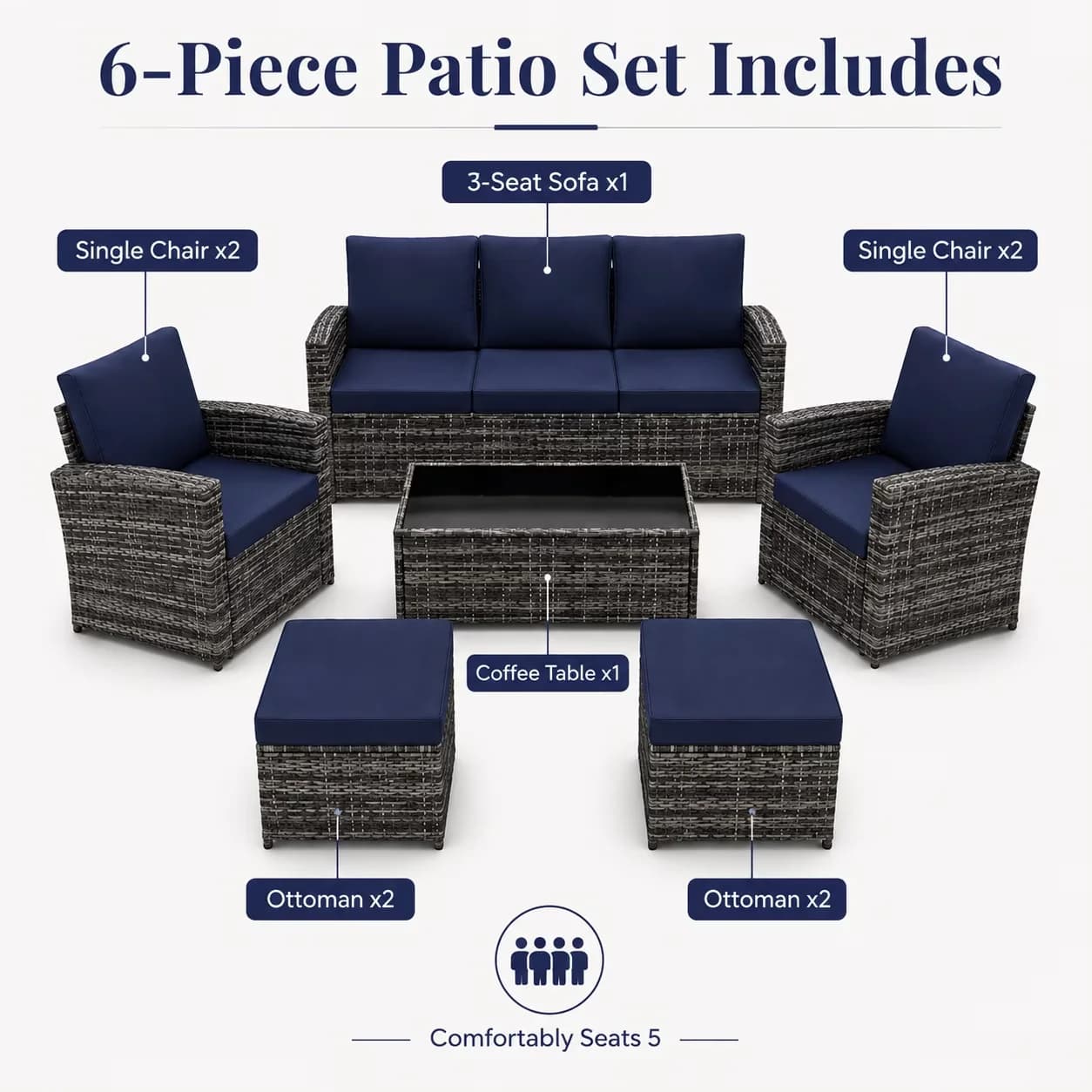 Innovative Patio Conversation Set with Cushions, Furniture on Sale - Pe Rattan+Steel+Polyester Fabric+Foam(1.7Lbs/Cu.Ft)+Tempered Glass Model 016CA5