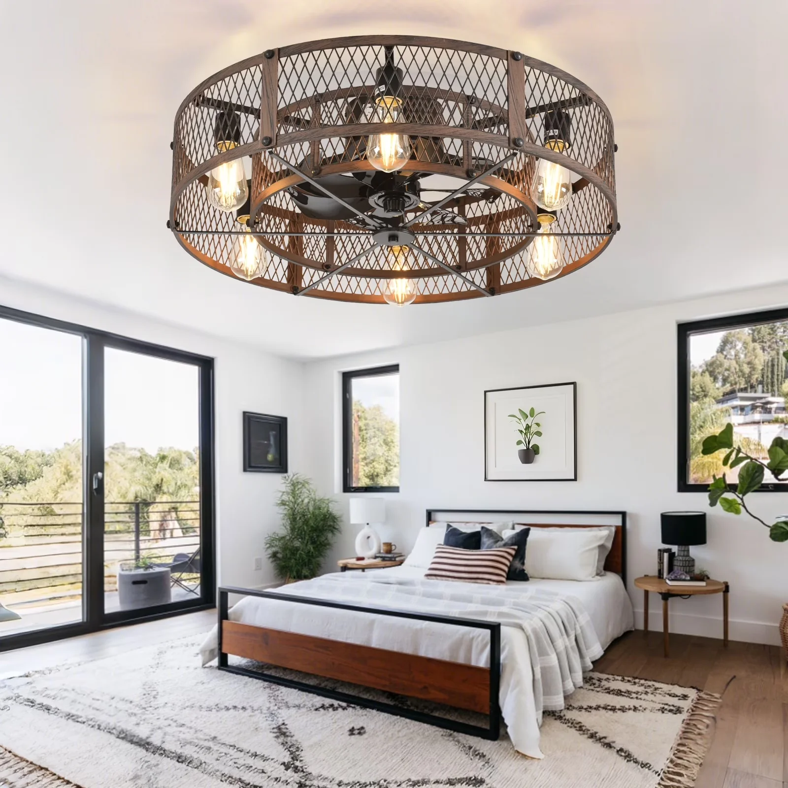 Innovative Ceiling Fan with LED, Space-Saving, 26-Inch Farmhouse Caged - Brown Model 660175