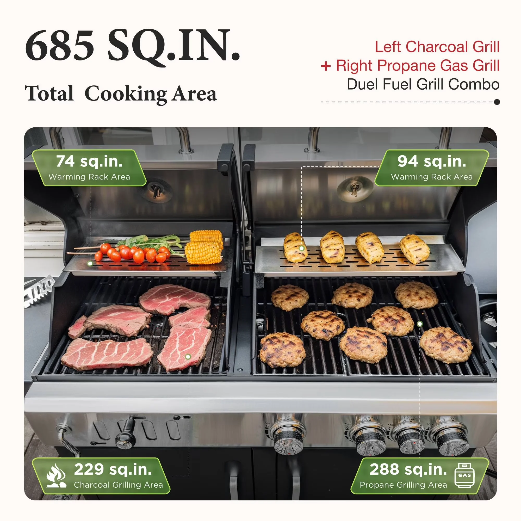 Reliable Combo Grill with Side Burner - Porcelain-Enameled Cast Iron Charcoal Model 6342D8