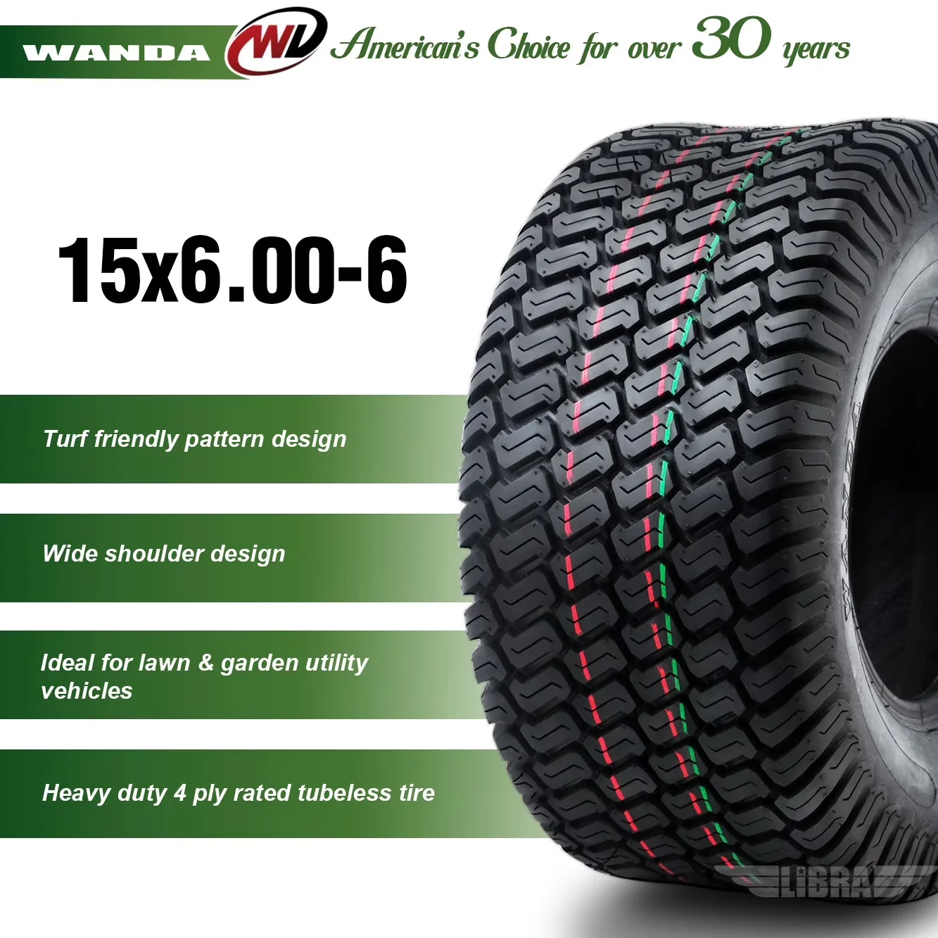 Lawn Mower Tire Durable with Heavy-Duty, Tire Size: 15x6.00-6, Overall Diameter: 14.96" - Model 0A315C