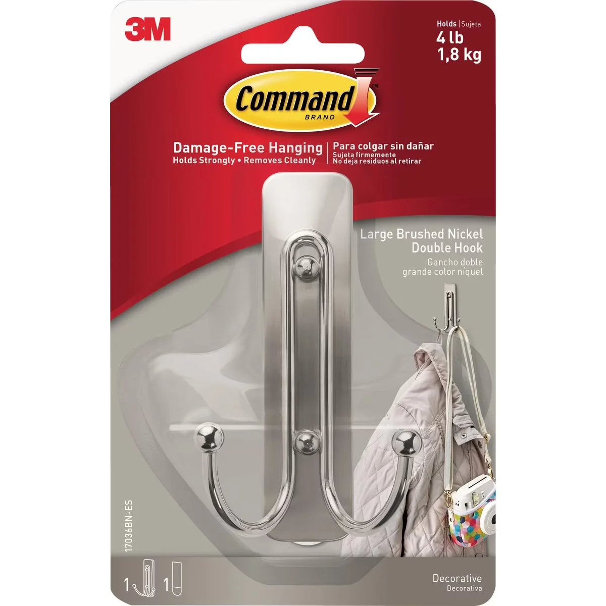 Modern Damage-Free Hanging with Easy Clean, Large Brushed Nickel Double Hook - L for Home Model 4DBA43