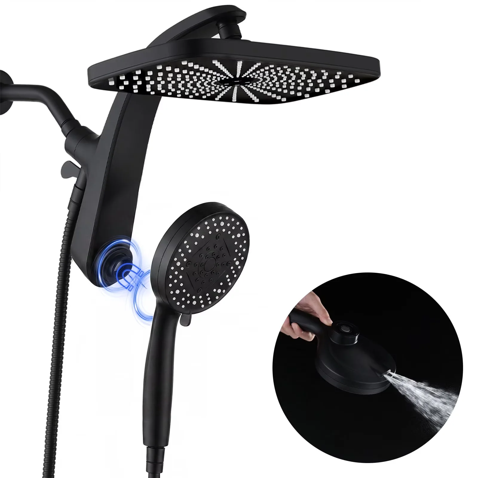 Shower Head Professional with 12 Inch, Magnetic Docking, 9 Modes Handheld - Abs, Stainless Steel Black for Bathroom Model DD2312