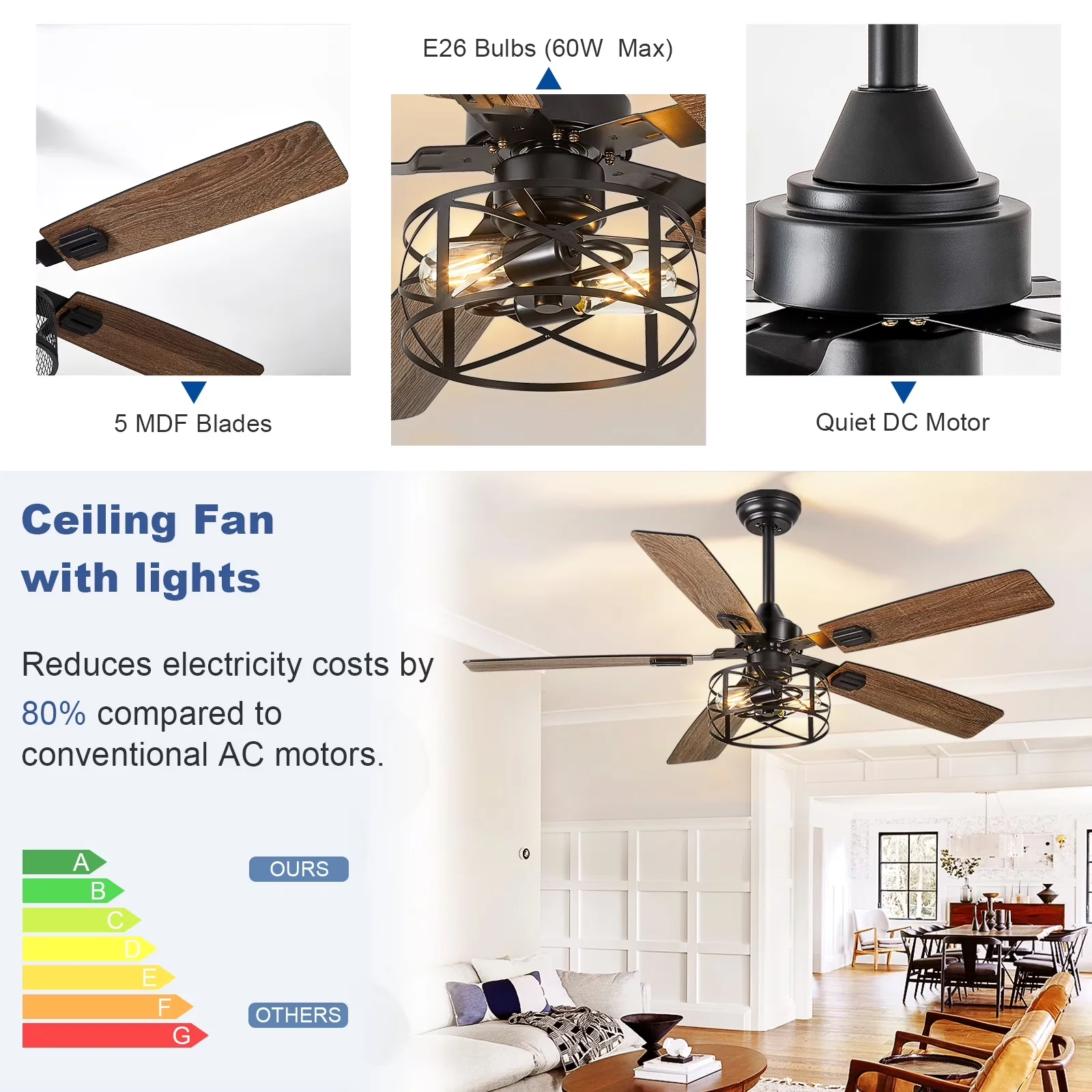 Modern Ceiling Fan with LED, Dimmable, 52-Inch Caged Fans - Black - Essential Collection Model F09479