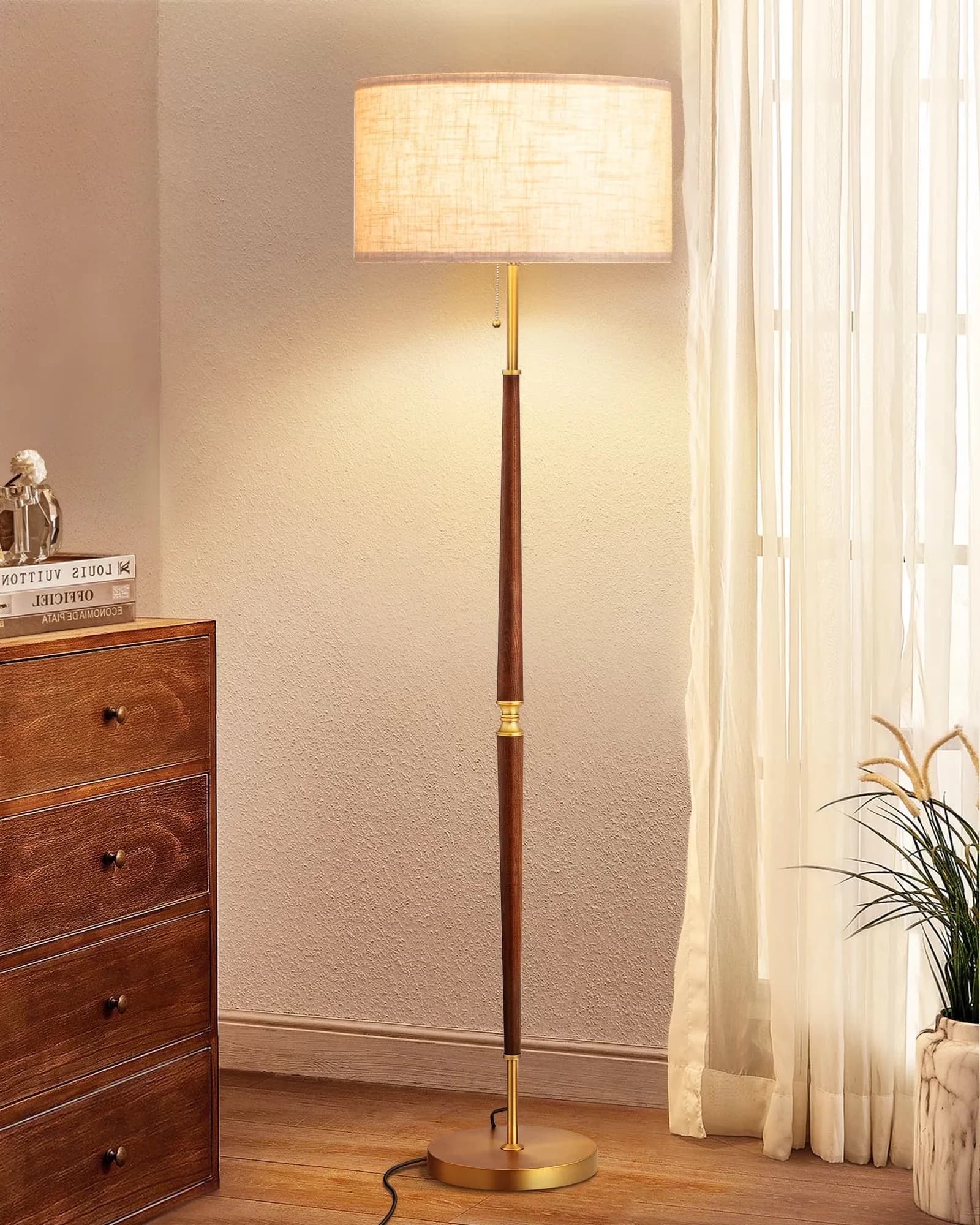Floor Lamp Stylish with Incandescent, Contemporary - Metal, Wood Gold, Brown for Living Room Model 8FD41E