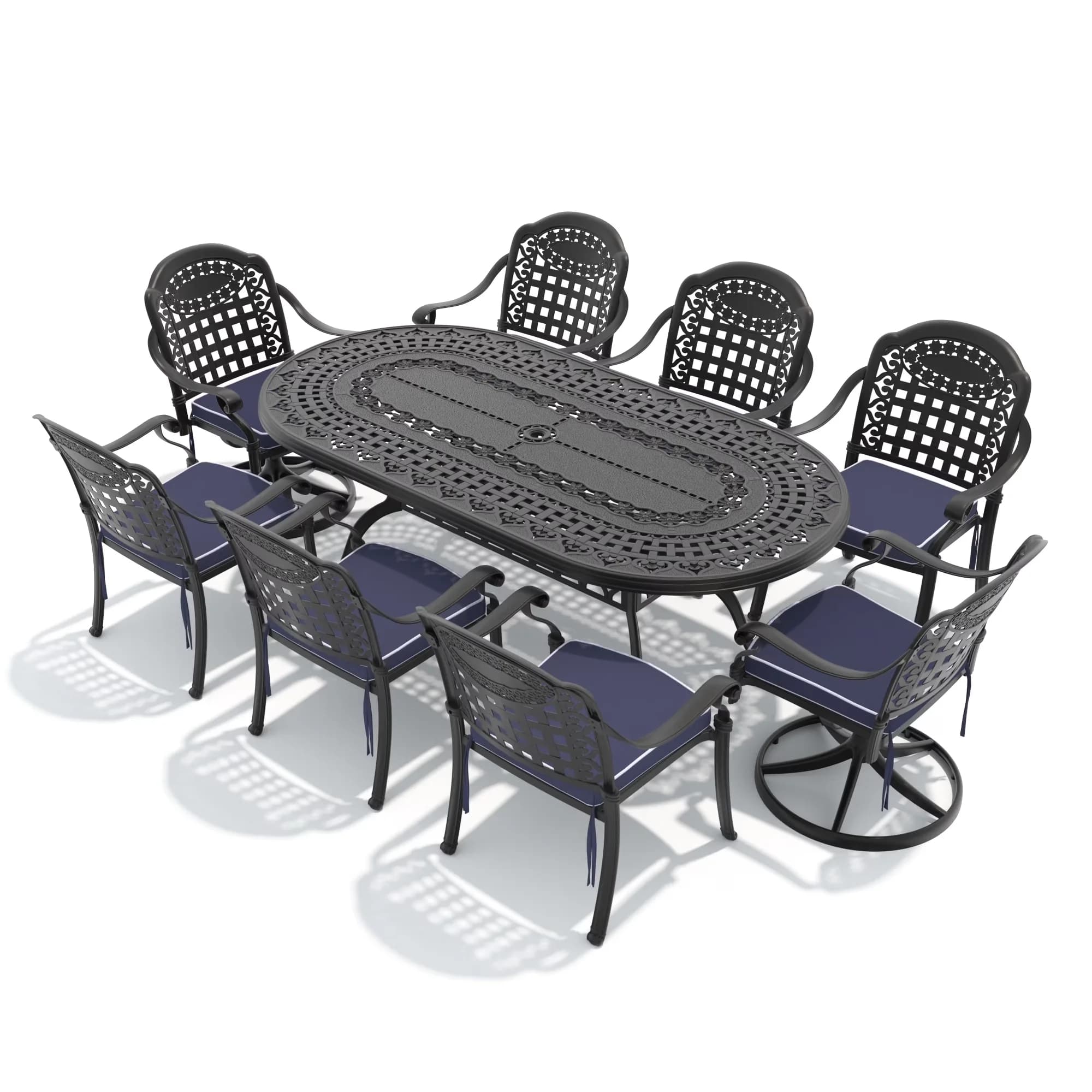Patio Dining Set Compact with Weatherproof, 9-Piece All-Weather Cast Aluminum, Blue Cushions Included - Aluminium Black Model 960B5B