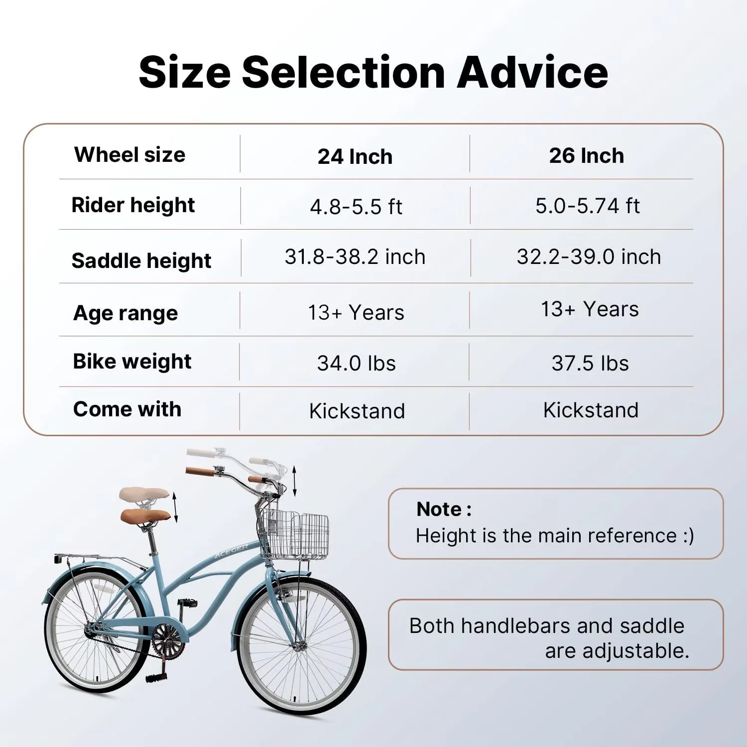 Essential Cruiser Bike with Adjustable Seat, Adjustable Handlebar Height - Green Model 4153EC