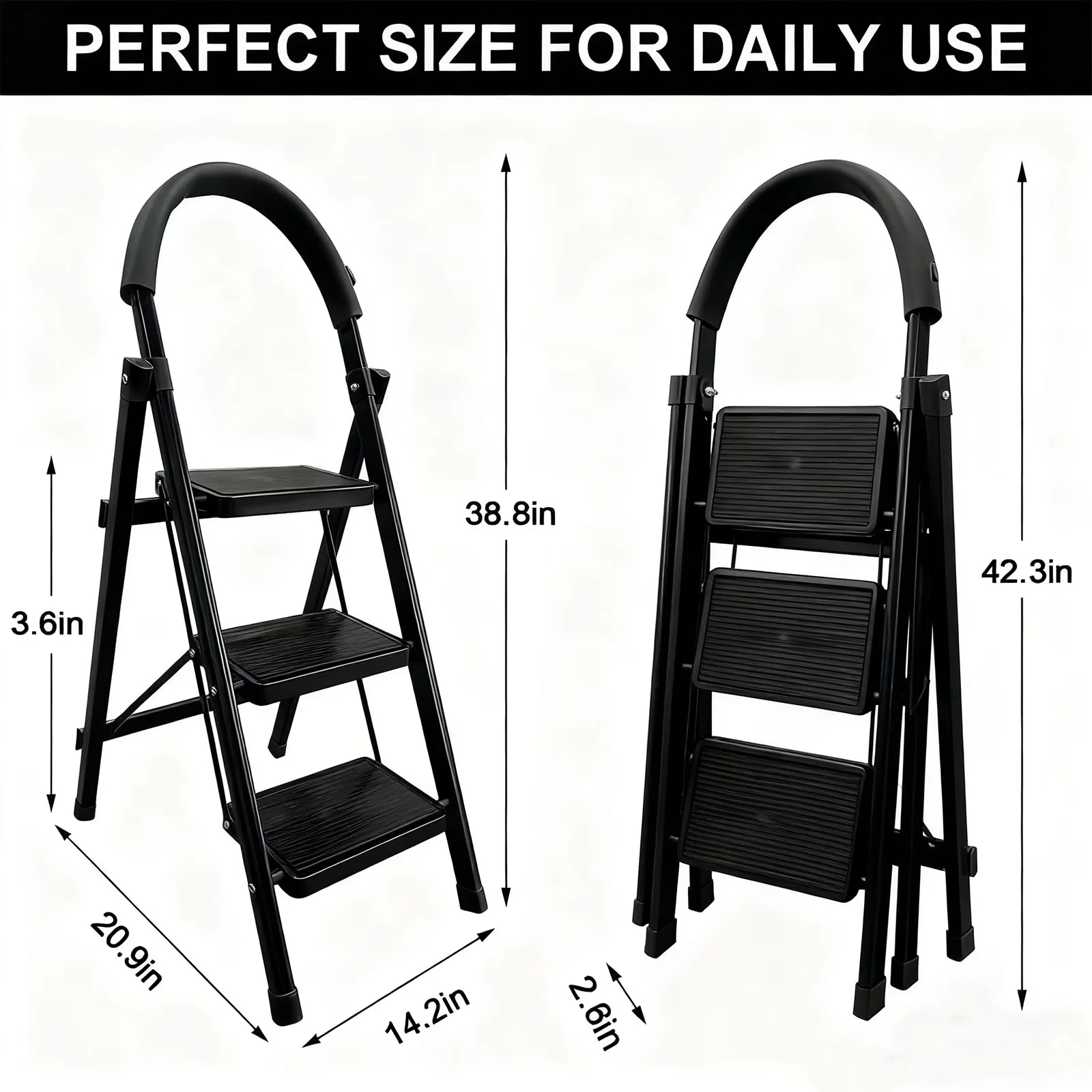 Ladders And Step Stool Stylish with Stackable, Foldable, 3 Ladder Folding - Black Carbon Alloy Steel for Home, Kitchen Model E150E6