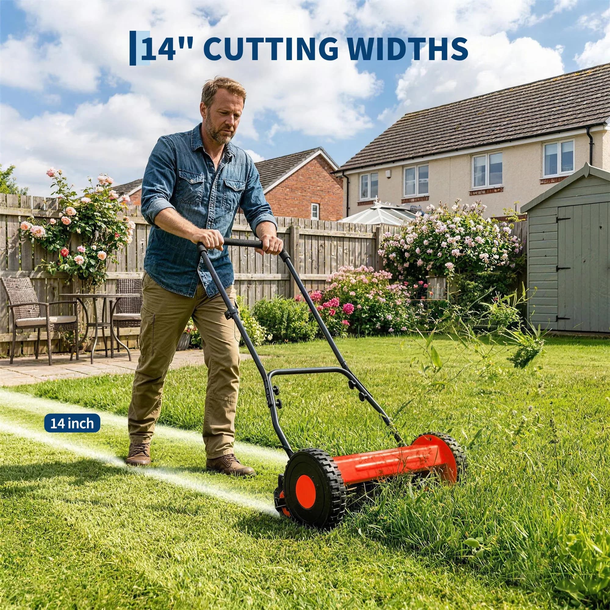 Modern Push Mower with Adjustable, 16-Inch Manual Reel Lawn - Red for Small Model 2FDF49