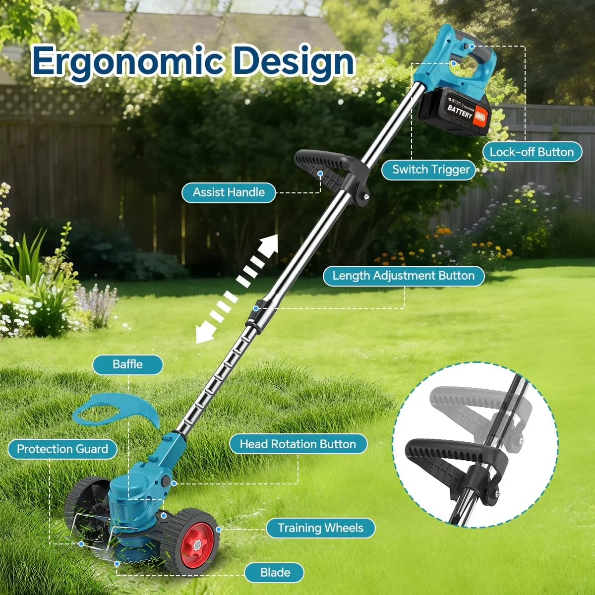 String Trimmer Innovative with Battery, 24V, Edger Conversion Capable - Blue for Garden Model D87DD4
