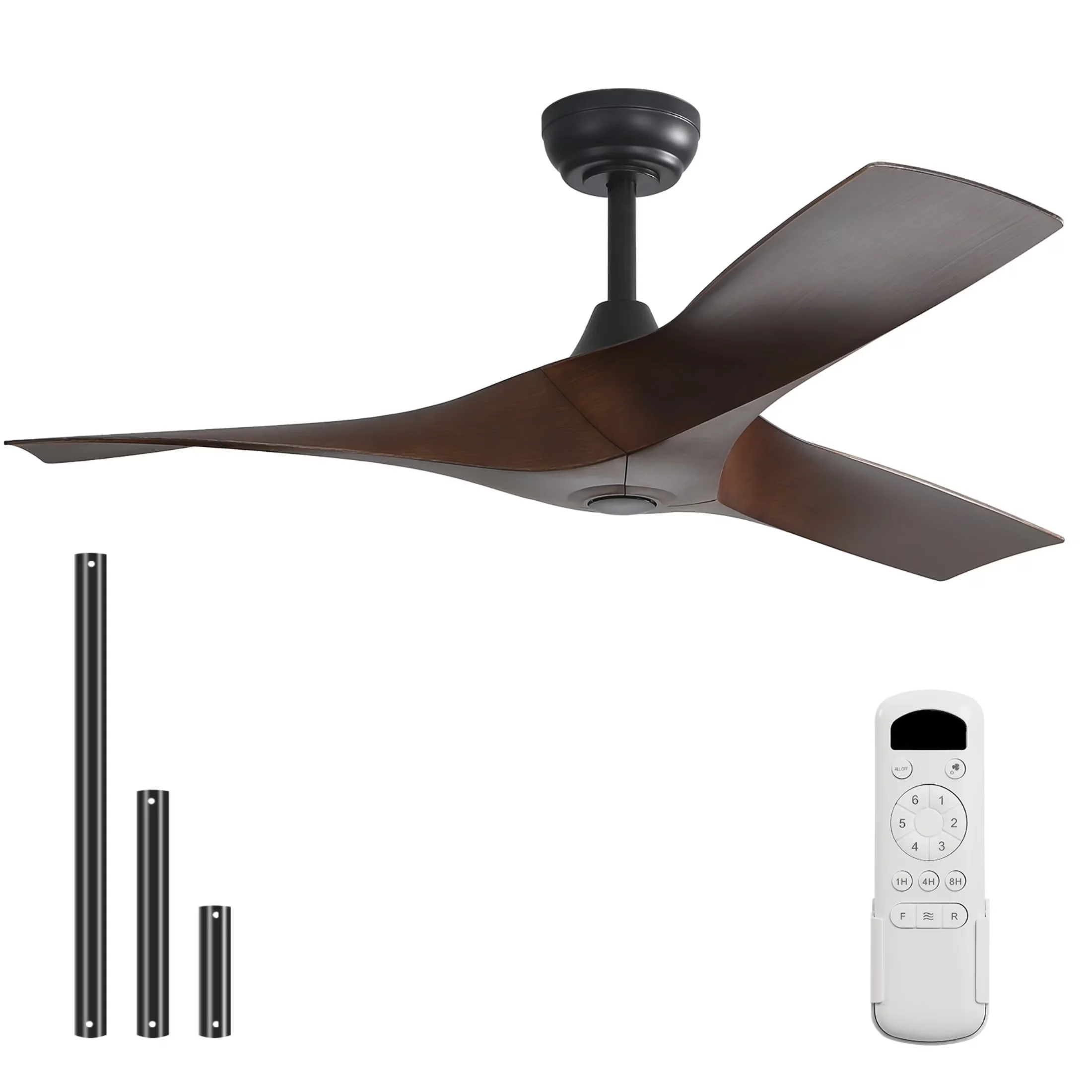 Stylish Ceiling Fan with LED, Dimmable, 52" Matte Black Modern ABS - White Wood Model 7D9C38