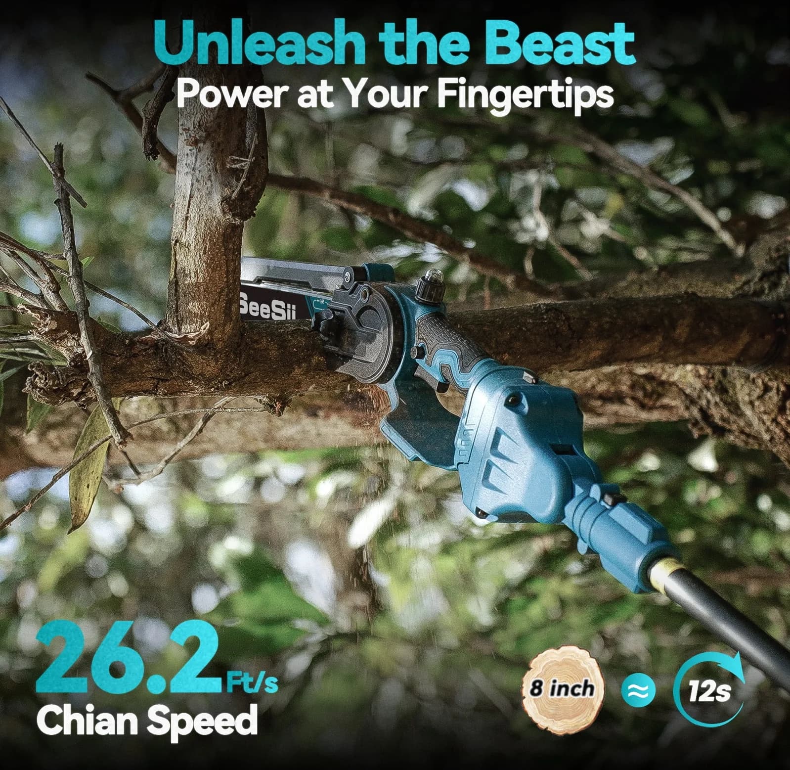 Quality Chainsaw with Battery, Replaceable Cutting Blade, 2 in 1 Cordless 8 inch Pole Saw & Mini - Model E6D310