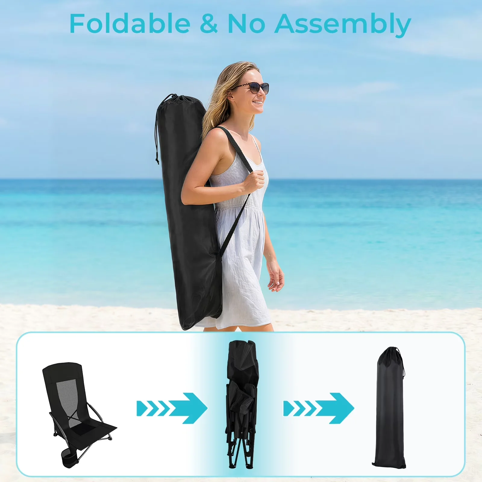 Beach Chair Essential with Folding, Cup Holder, 28.5″ High Back Folding - Black Model EFA7CE