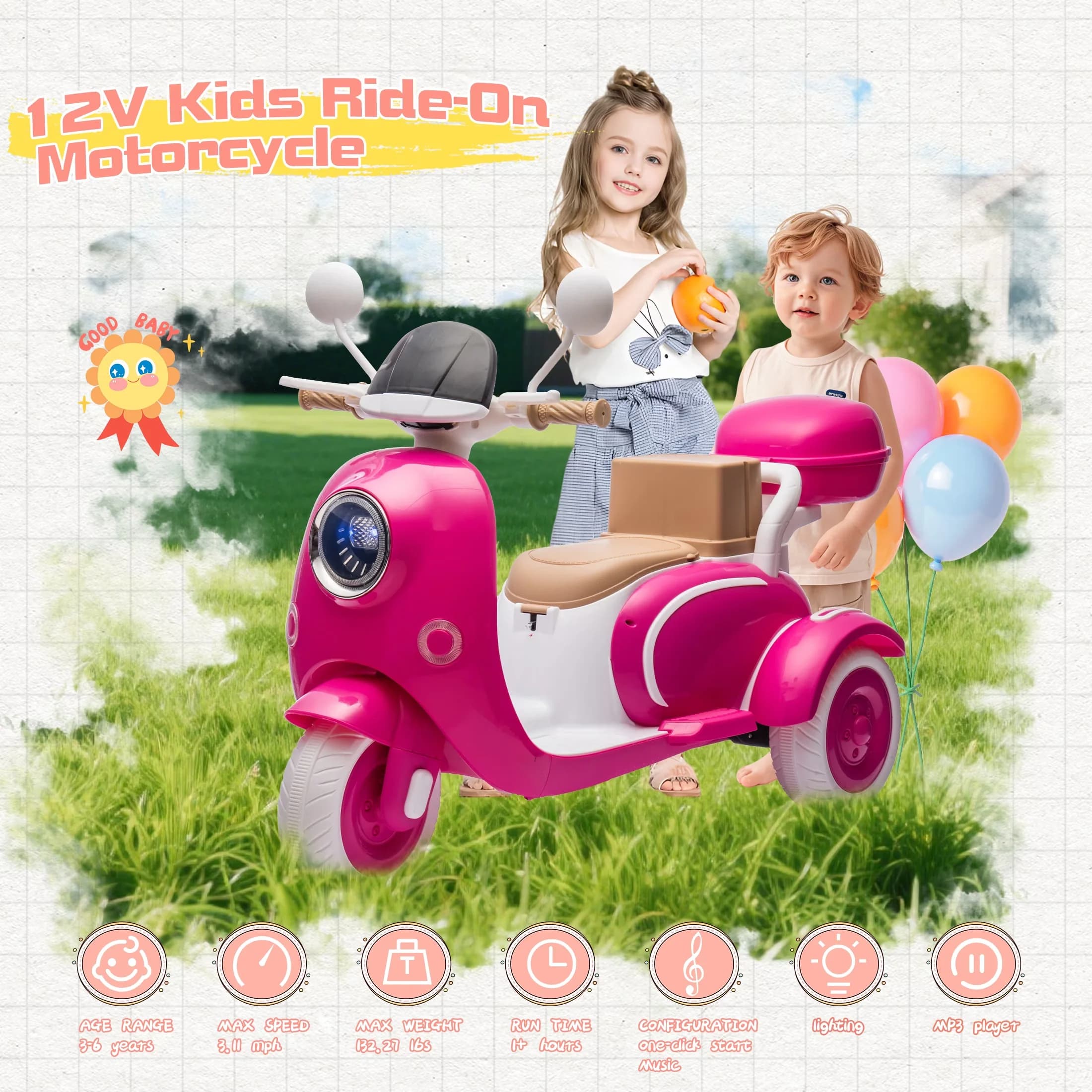 Quality Scooter with Battery, 12V, 12V Electric Kids Motorcycle - Red - Heavy Duty Model E72A49