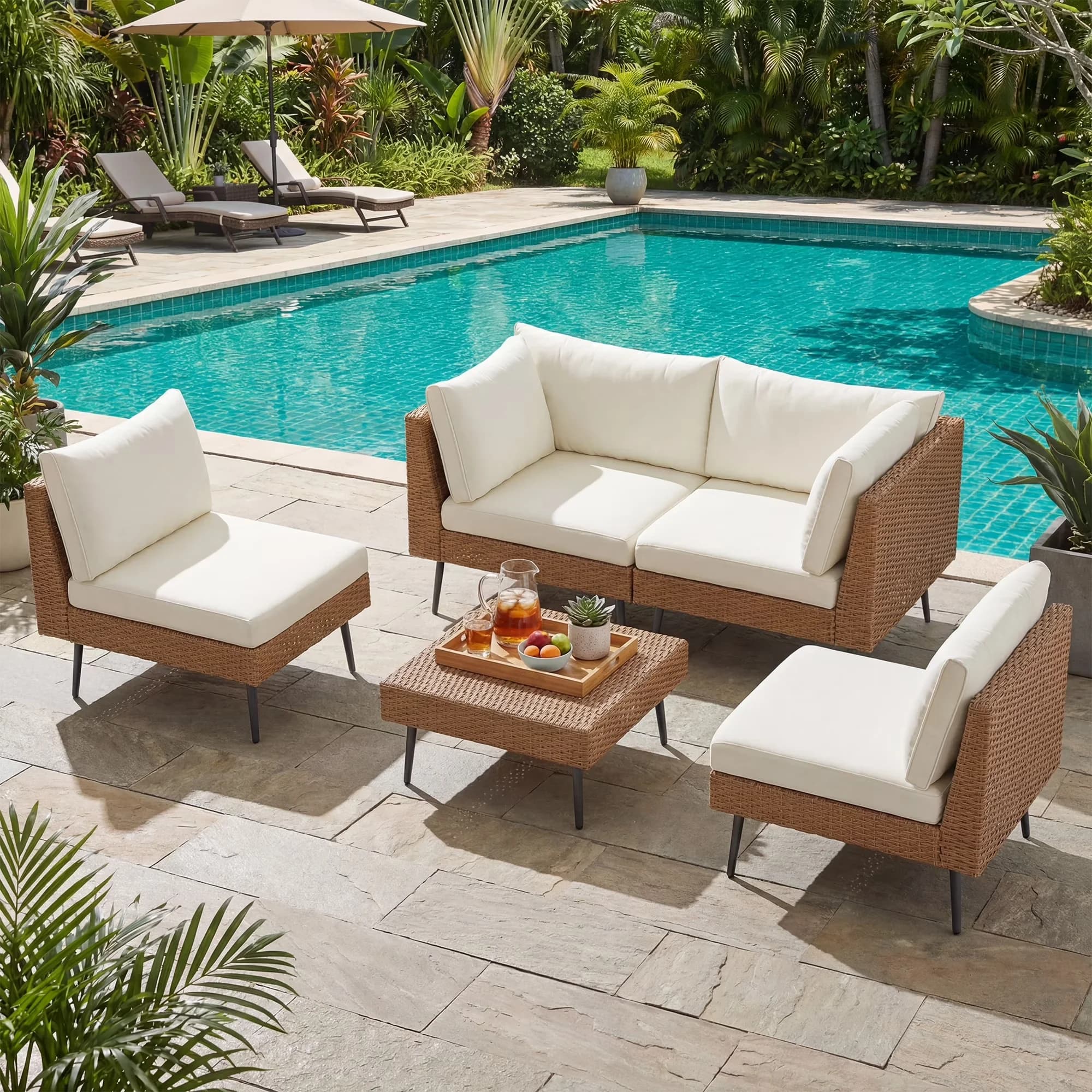 Sleek Patio Conversation Set with 4 Chairs & 1 Ottoman, All-Weather Sectional Sofa, Beige Cushions - Model EFB7E3