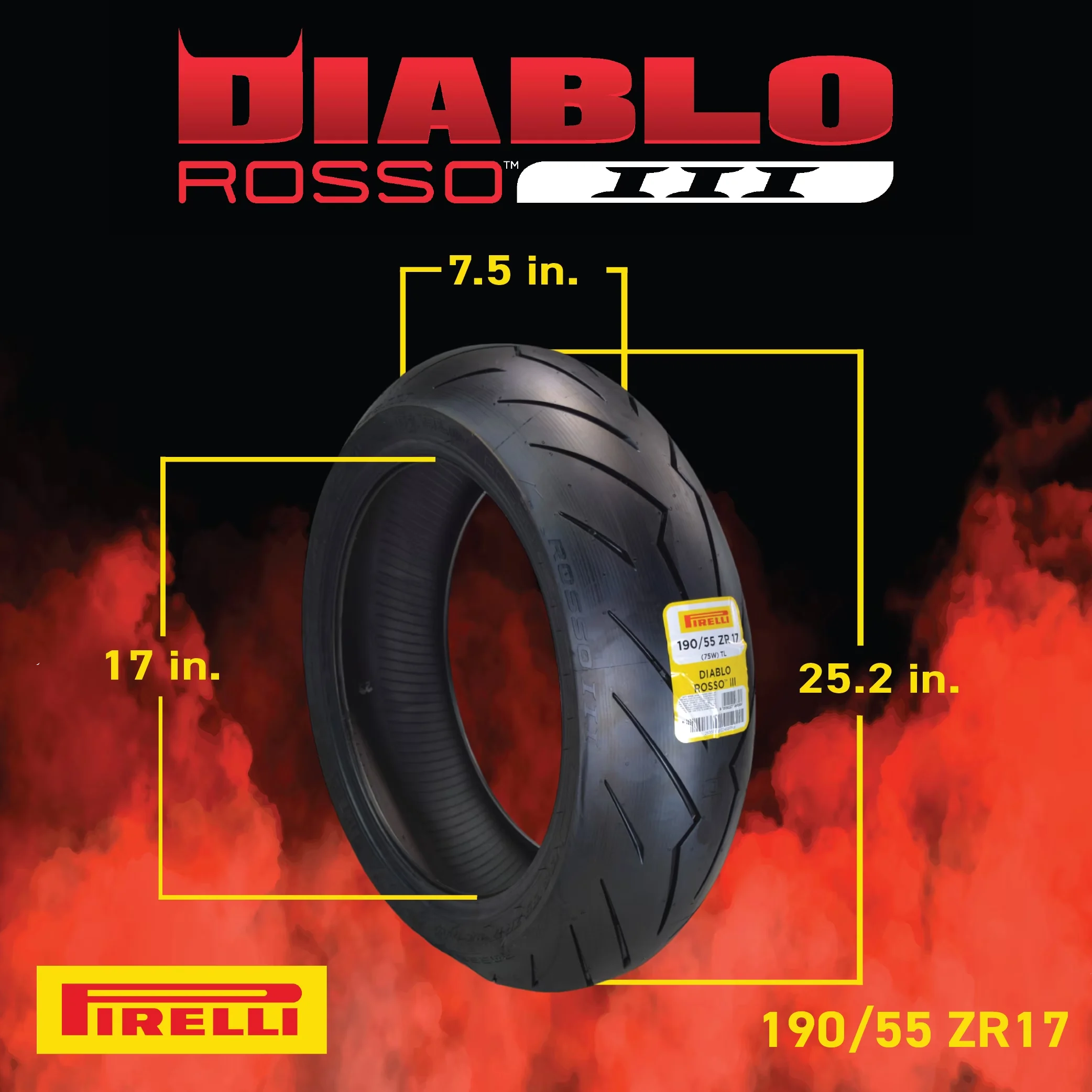 Professional Motorcycle Tire with 75W, Diablo Rosso III 190/ 75W Rear, Large footprint area for improved grip - Black Model D60945