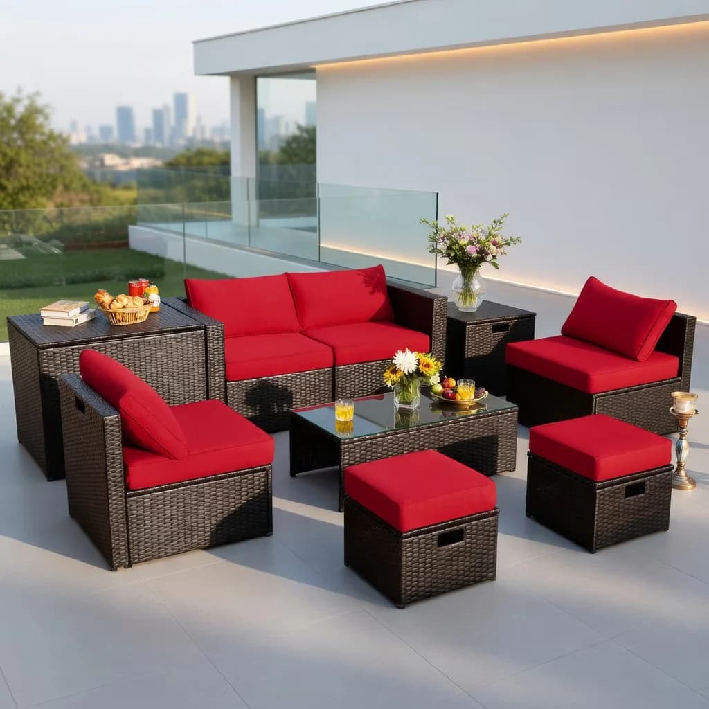Versatile Patio Conversation Set with Weatherproof, Storage Box & Waterproof Cover, Mix Brown PE Wicker - Pe Rattan, Steel, Tempered... Model 8003E1