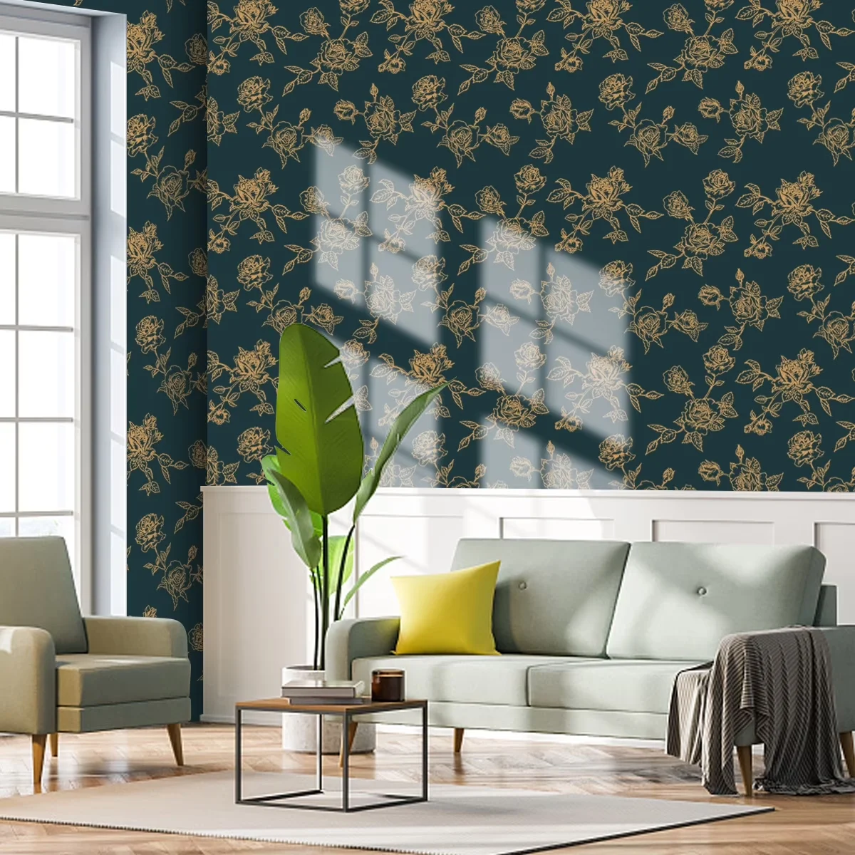 Durable Wallpaper Wall Decals Wall Covering with Removable, Blue Gold Flower-1, Peel & Stick 17"×120" - Vinly 17"×120" Model 2EAE17