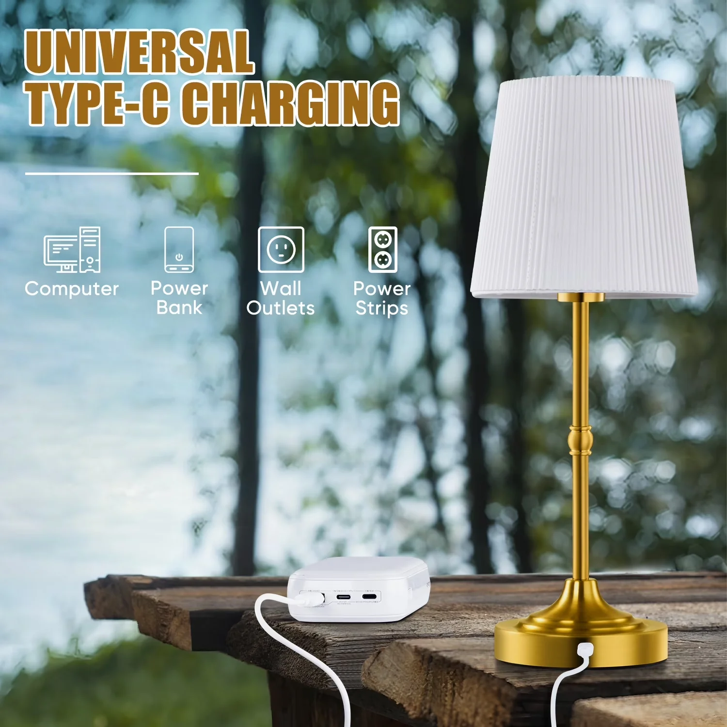 Quality Lamp with LED, Battery, Dimmable - Fabric, Metal Gold - Built to Last Model ABCE31