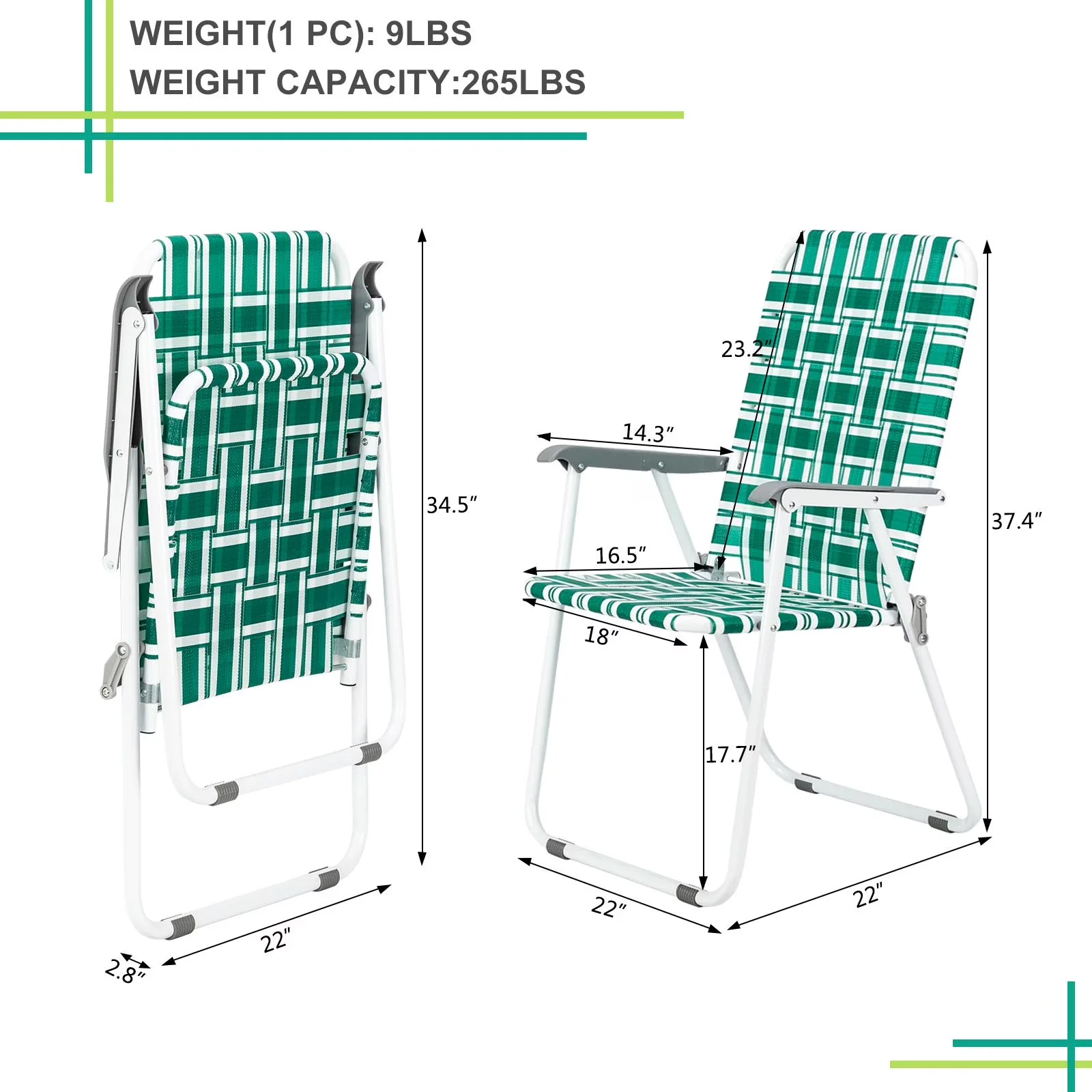 Beach Chair Professional with Folding, Lawn Set Patio Folding Web - Green & White Pp Braided Belt Steel Pipe Model 471E55