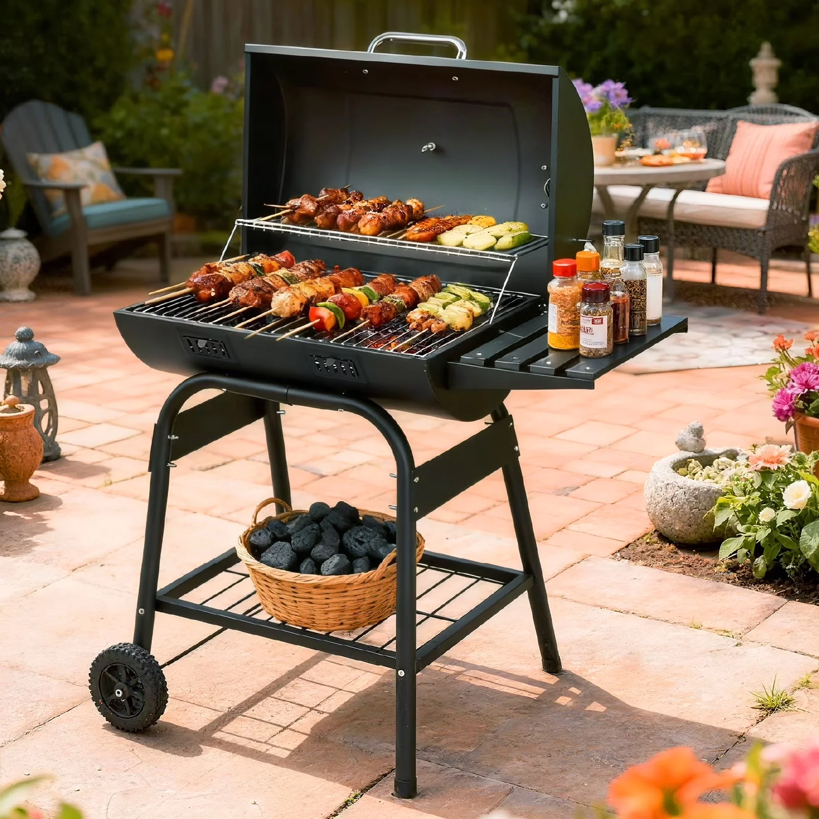 Charcoal Grill Modern with Warming Rack, Offset Firebox, BBQ Outdoor Barbecue Pit Barrel - Black Steel Model 3F7389