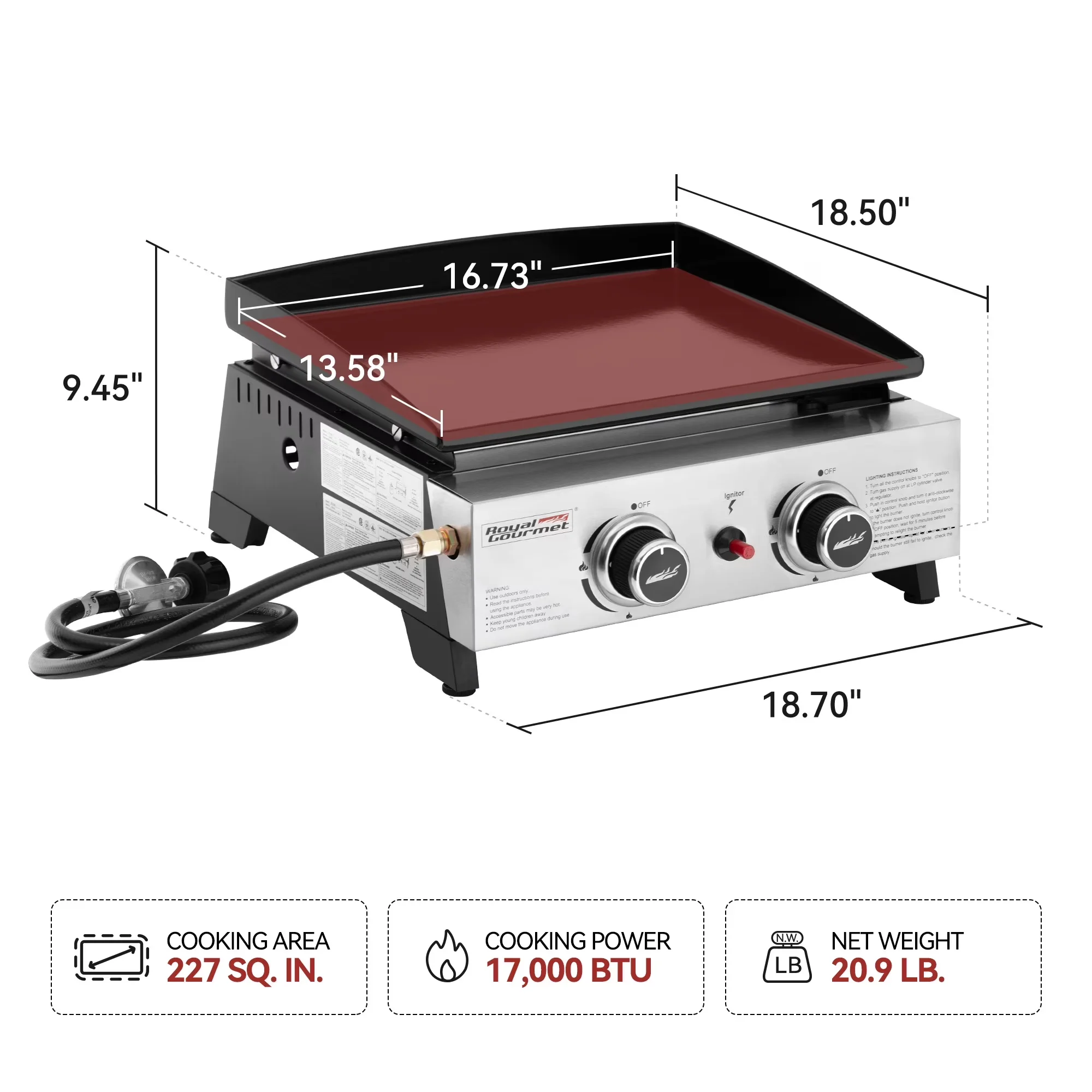 Versatile Flat Top Grill with 17000 BTU, Portable - Steel (Griddle Flat Top, Grease Cup), Stainless Steel (Control Panel, Burners)... Model 9E4AF4