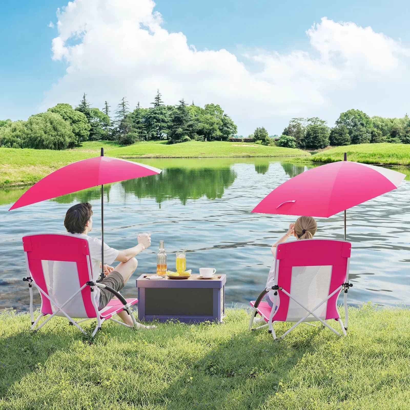 Beach Chair Premium with Folding, Adjustable, 1 PCS Portable Umbrella - Pink Model F1EFC9