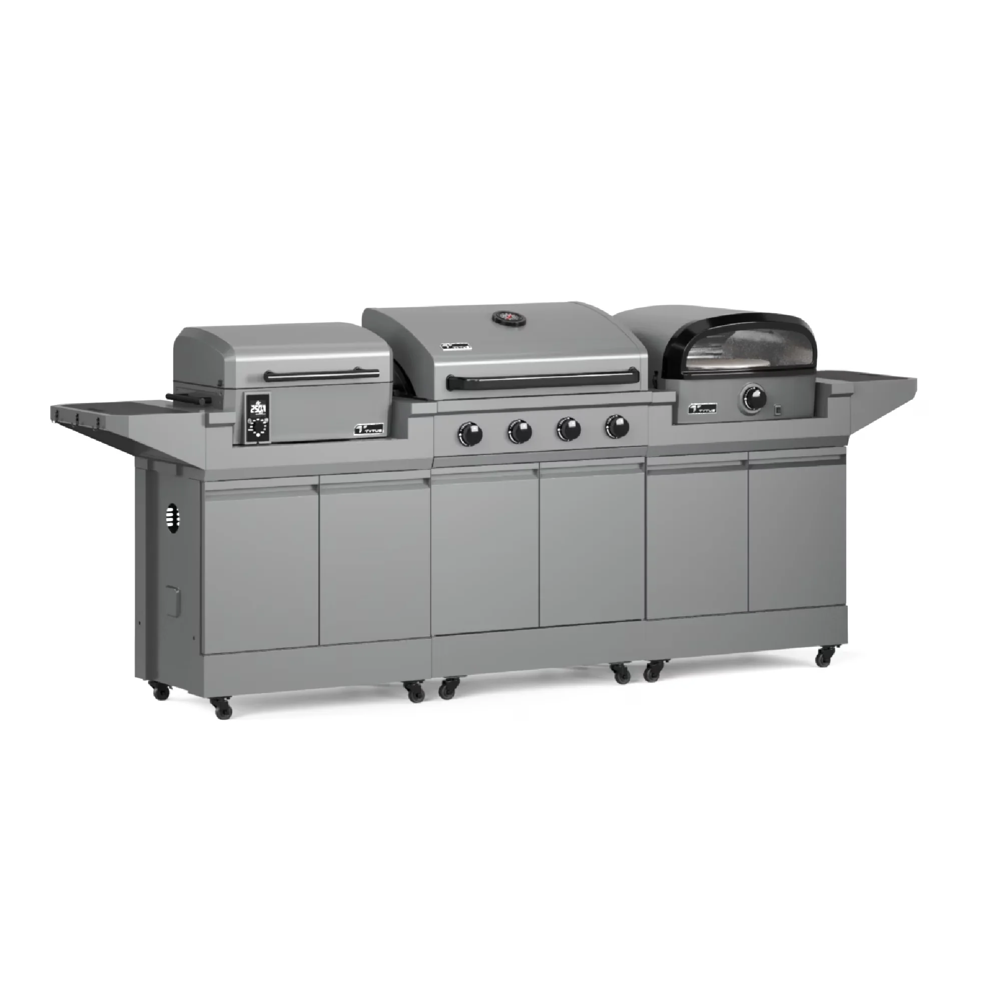 Smoker Innovative with Enclosed Cabinet, Cart and Pizza Oven - Silver Powder Coated Steel Model 3E8B81
