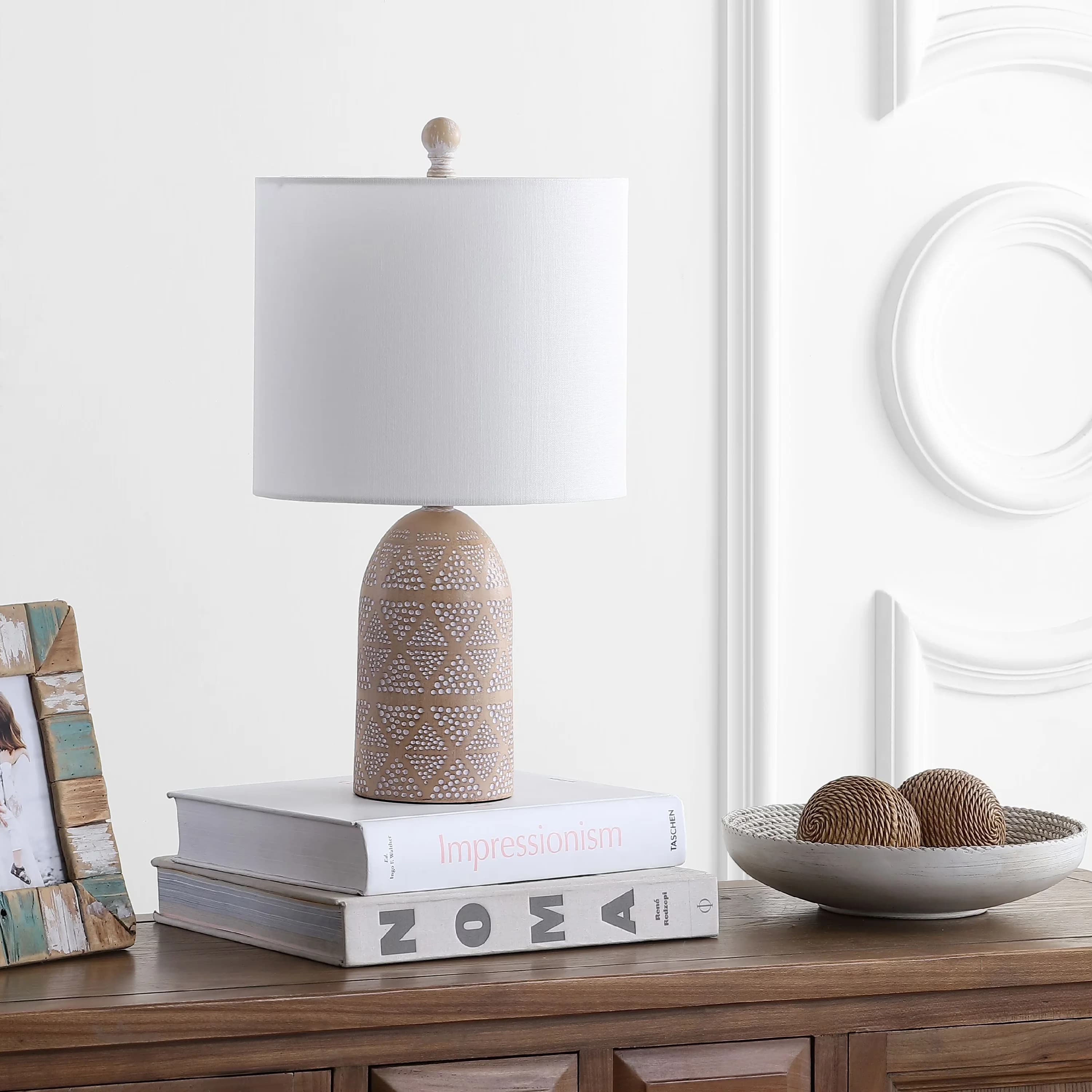Stylish Table Lamp with LED, Energy Efficient, Nava Polka Dot Engraved 18.5 in. H - Brown Resin Model C984DA