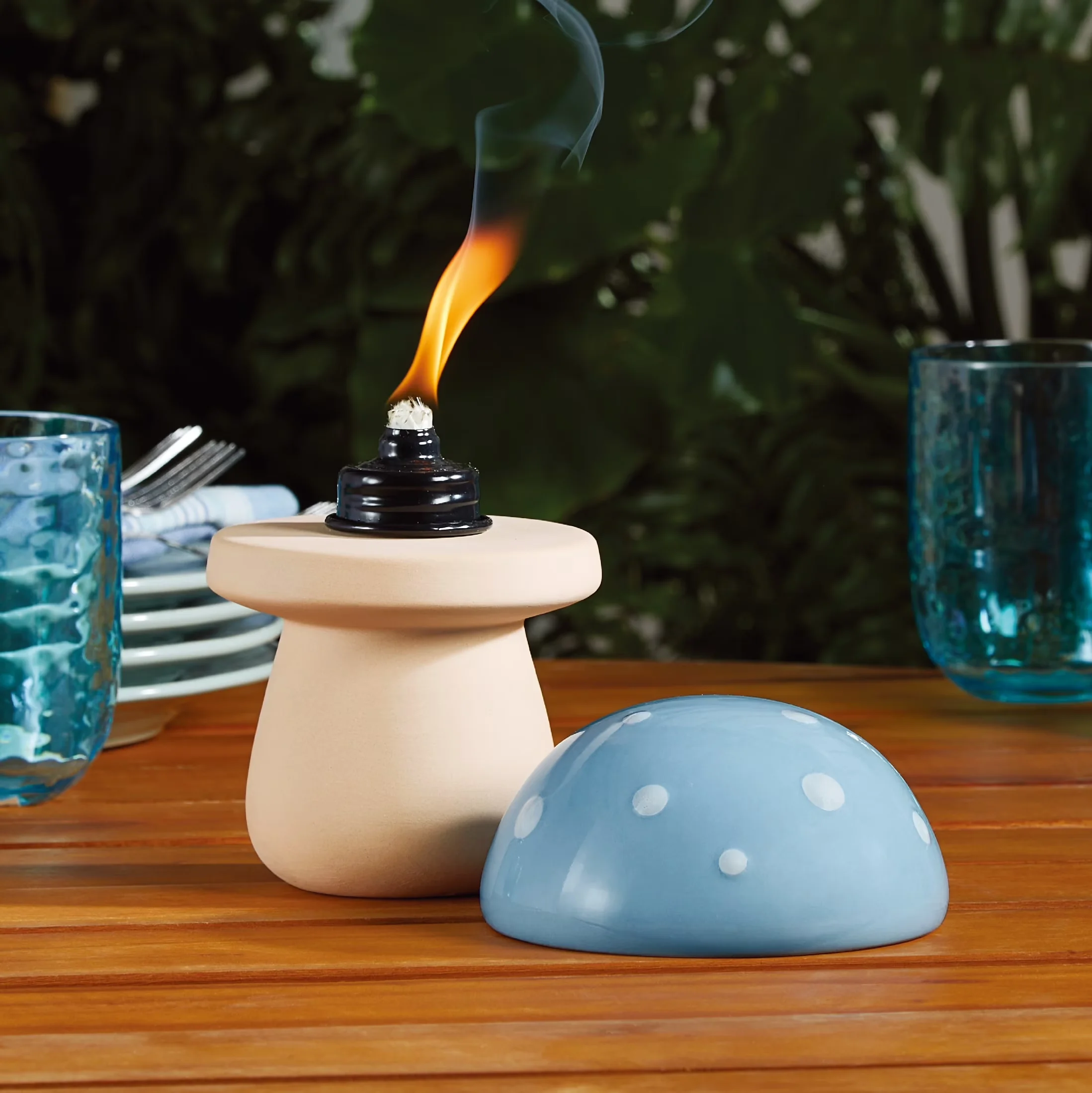 Classic Outdoor Heating with Fiberglass Wicker, Blue Ceramic Mushroom Table Torch - Ceramic Blue Model 7DC41B