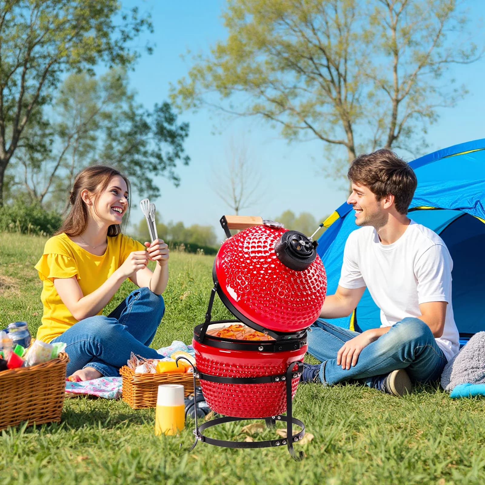 Smoker Premium with Heat Thermometer, 13in Round Ceramic Charcoal Grill - Ceramic Body, Cast Iron Lid, Iron Stand And Hardware Red Model B3EF71