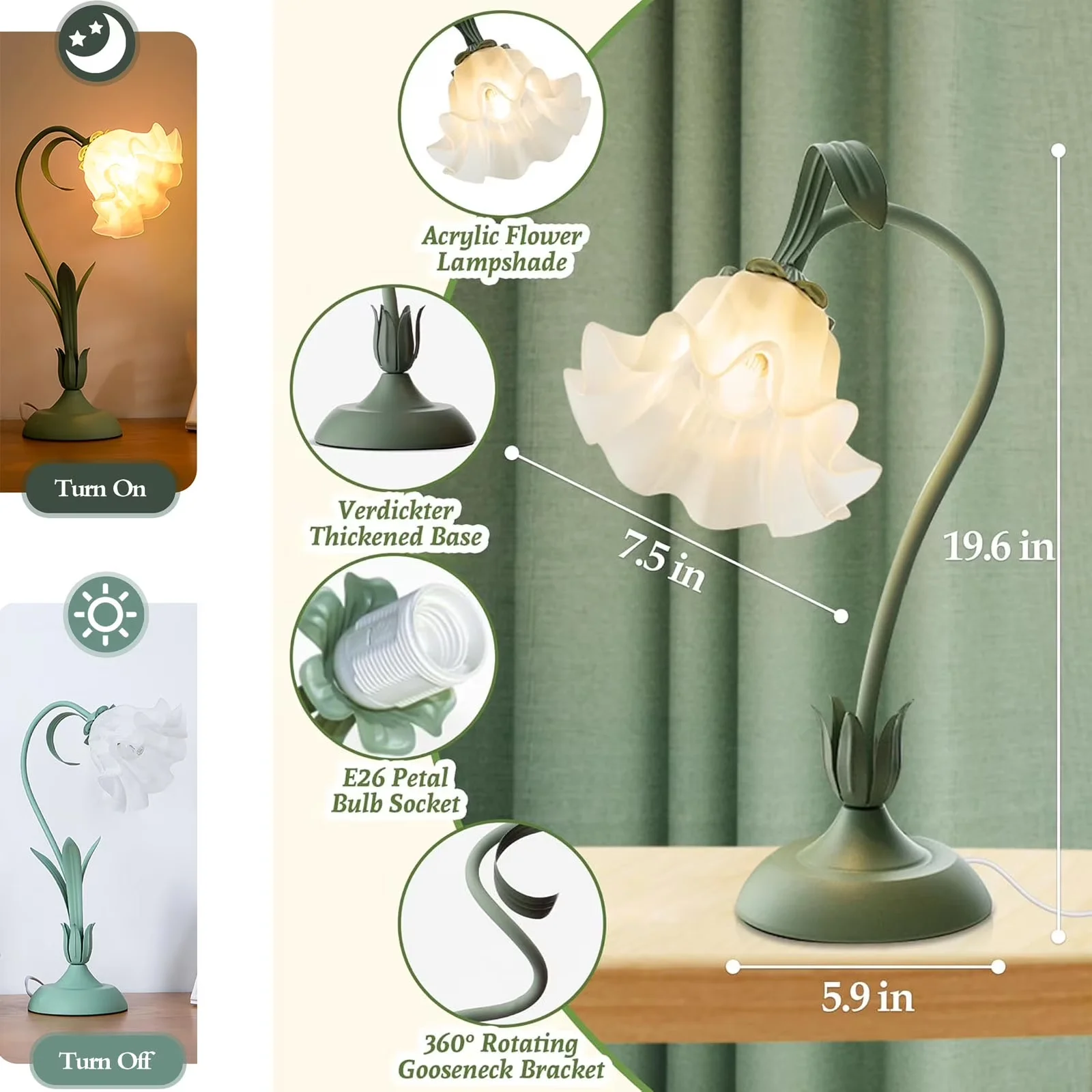 Versatile Lamp with LED, Bedside Lamps, Eco Friendly - Iron Green for Living Room, Bedroom Model 719247