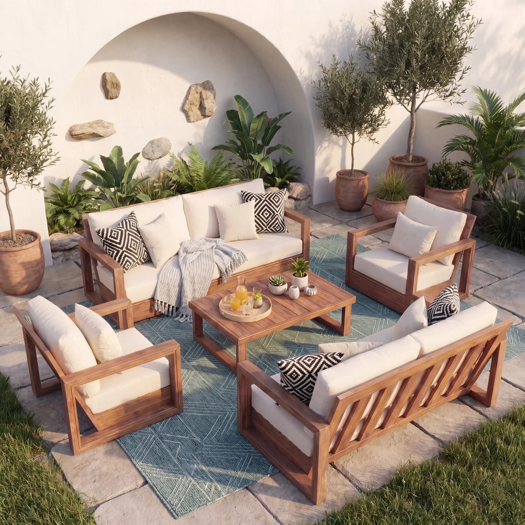 Professional Patio Conversation Set with Reclining, Collapsible, Foldable - Acacia Wood + Cushion Brown Model AC1312
