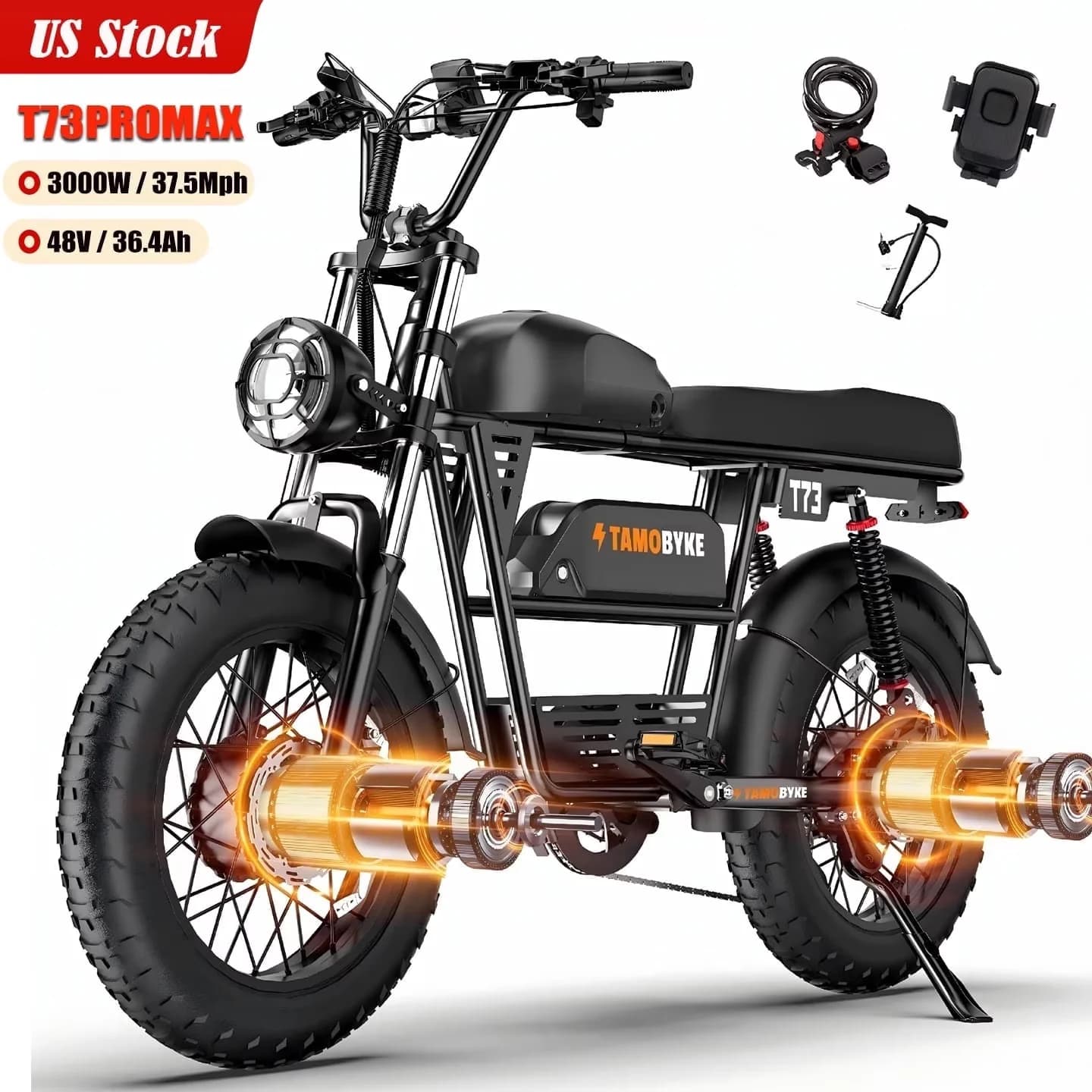 Efficient Electric Bike with Battery, 3000W, 48V - Black T73PROMAX - Long-Lasting Performance Model 20BE0A