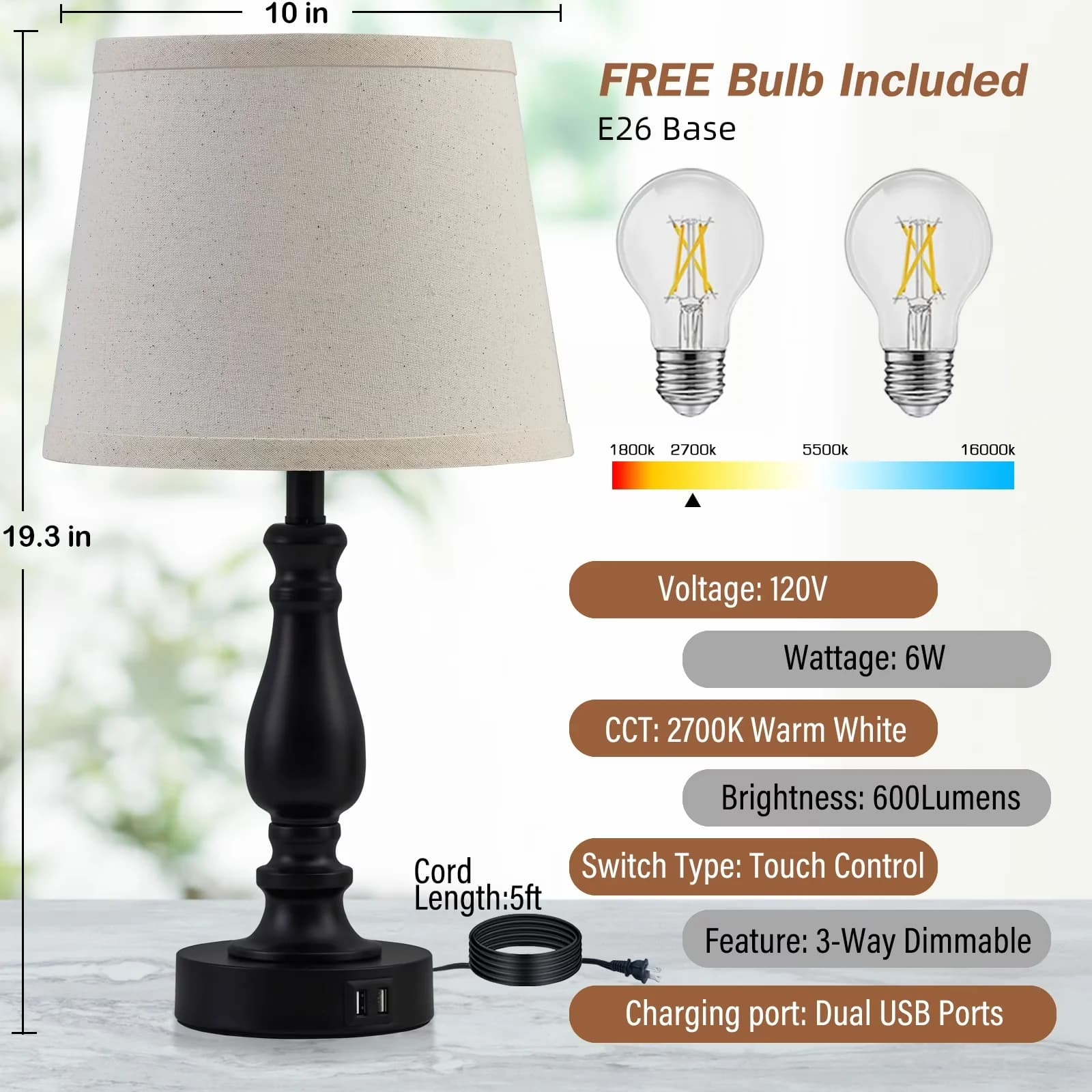Lamp Set Stylish with LED, Bedside Lamps, Touch Sensor - Beige Premium Linen Fabric for Bedroom Model 9A5EEA