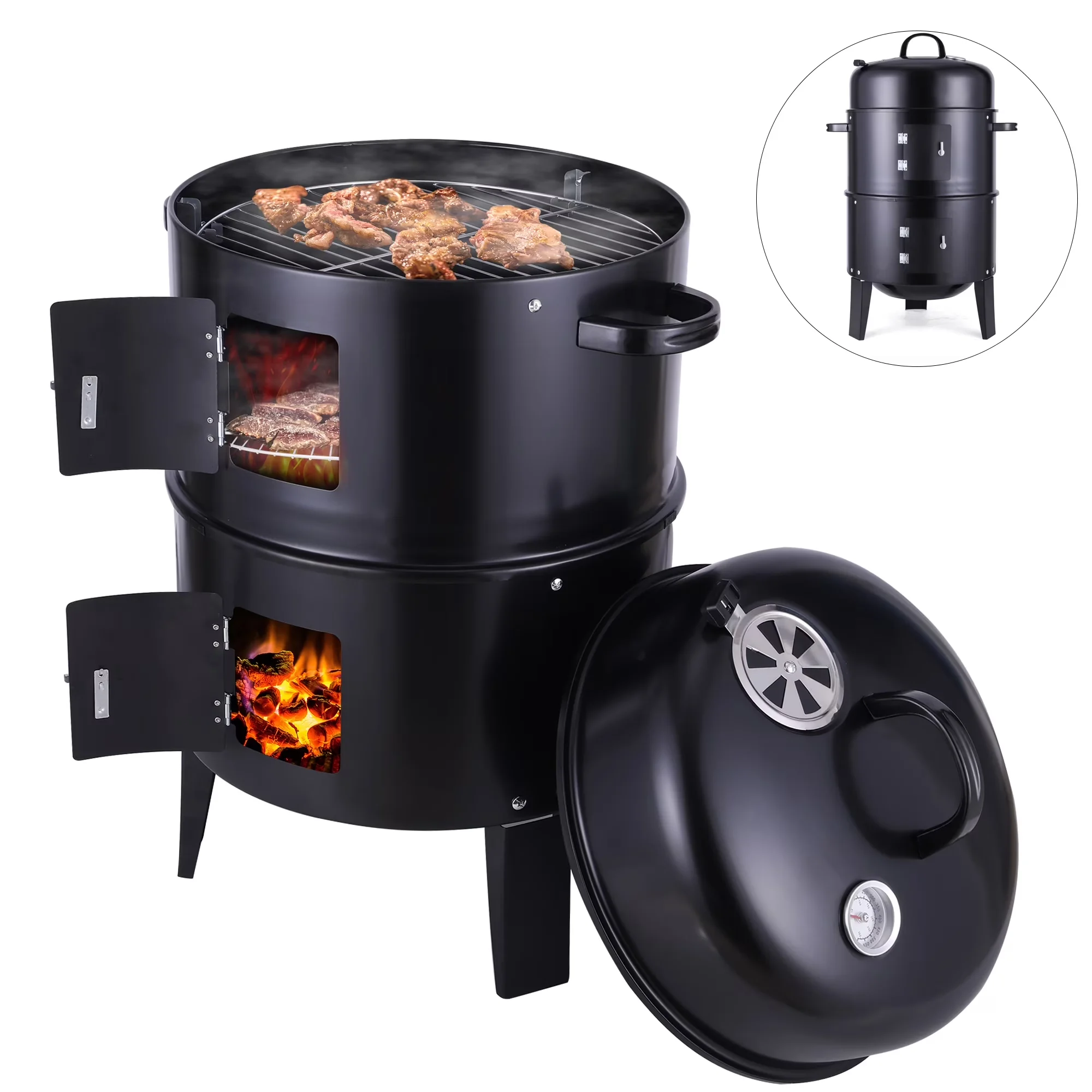 Premium Smoker with Adjustable Air Vents, Thermometer - Black Cold-Rolled Steel Plate/Enamel Model 7DB0C0