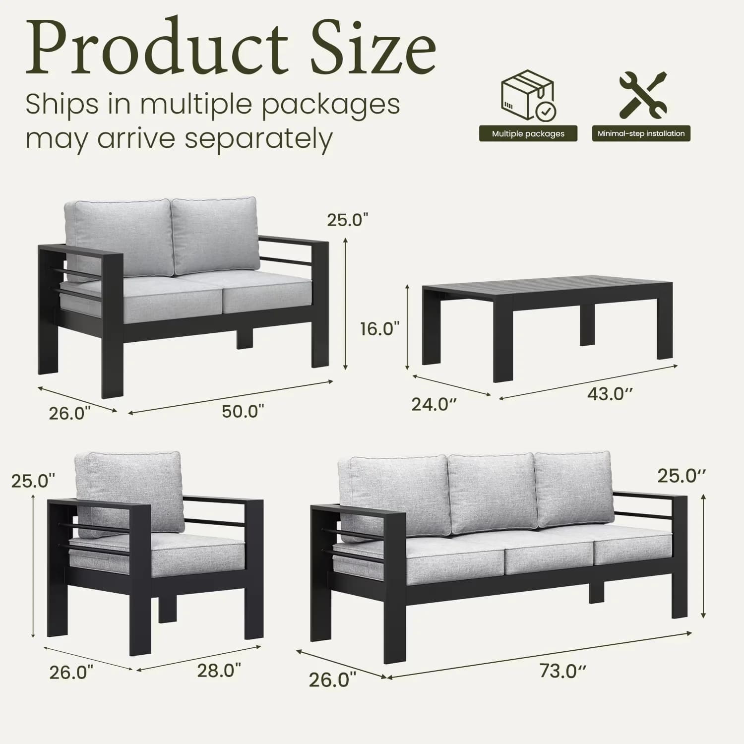 Stylish Patio Conversation Set with Coffee Table, Outdoor Aluminum Furniture - Model 18B2D1