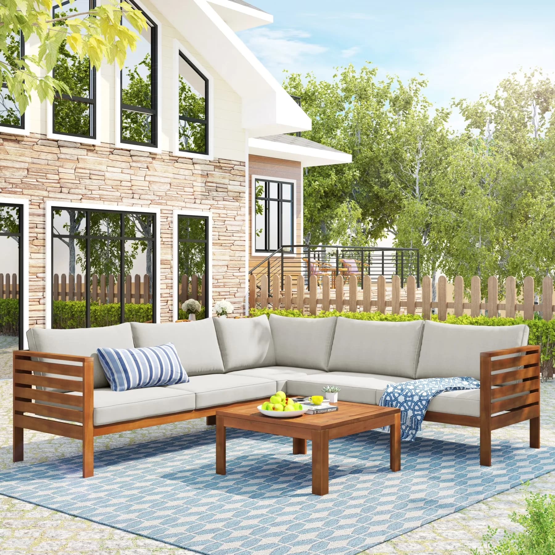 Patio Conversation Set Professional with Coffee Table, Beige, Cushions - Beige Acacia Wood,Polyester Model 12AF33