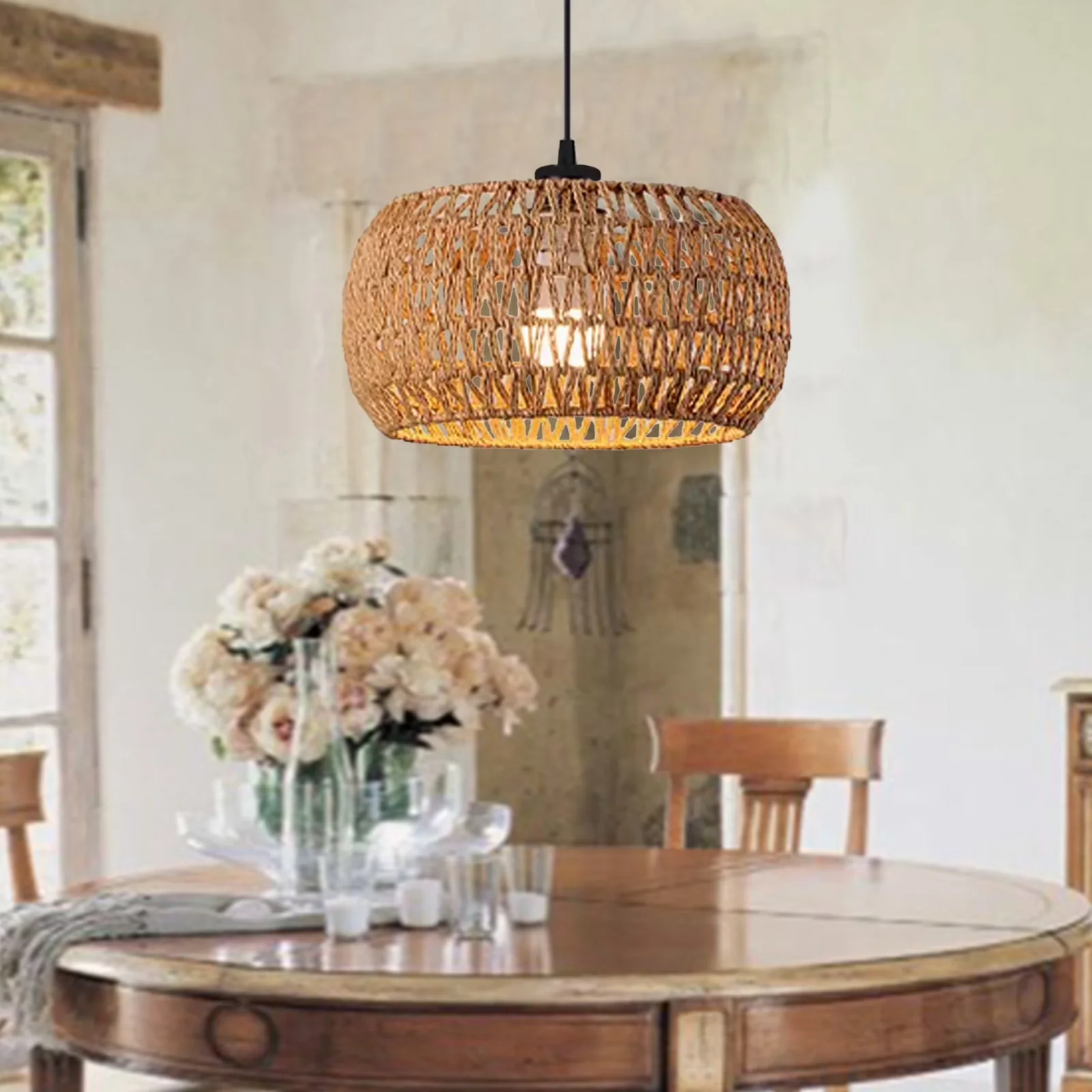 Ceiling Lights Fixture Sleek with Farmhouse, Dimmable, Ratten Woven Shade - Iron Model 369186