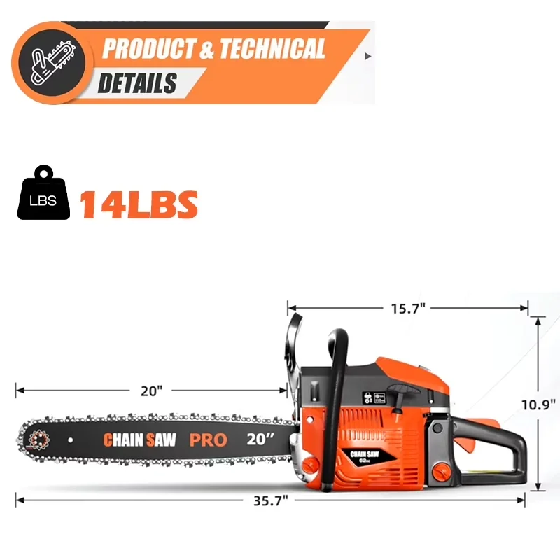 Innovative Chainsaw with Chain Brake, Anti-Vibration, 62cc Gas - Orange Model 4DD00E