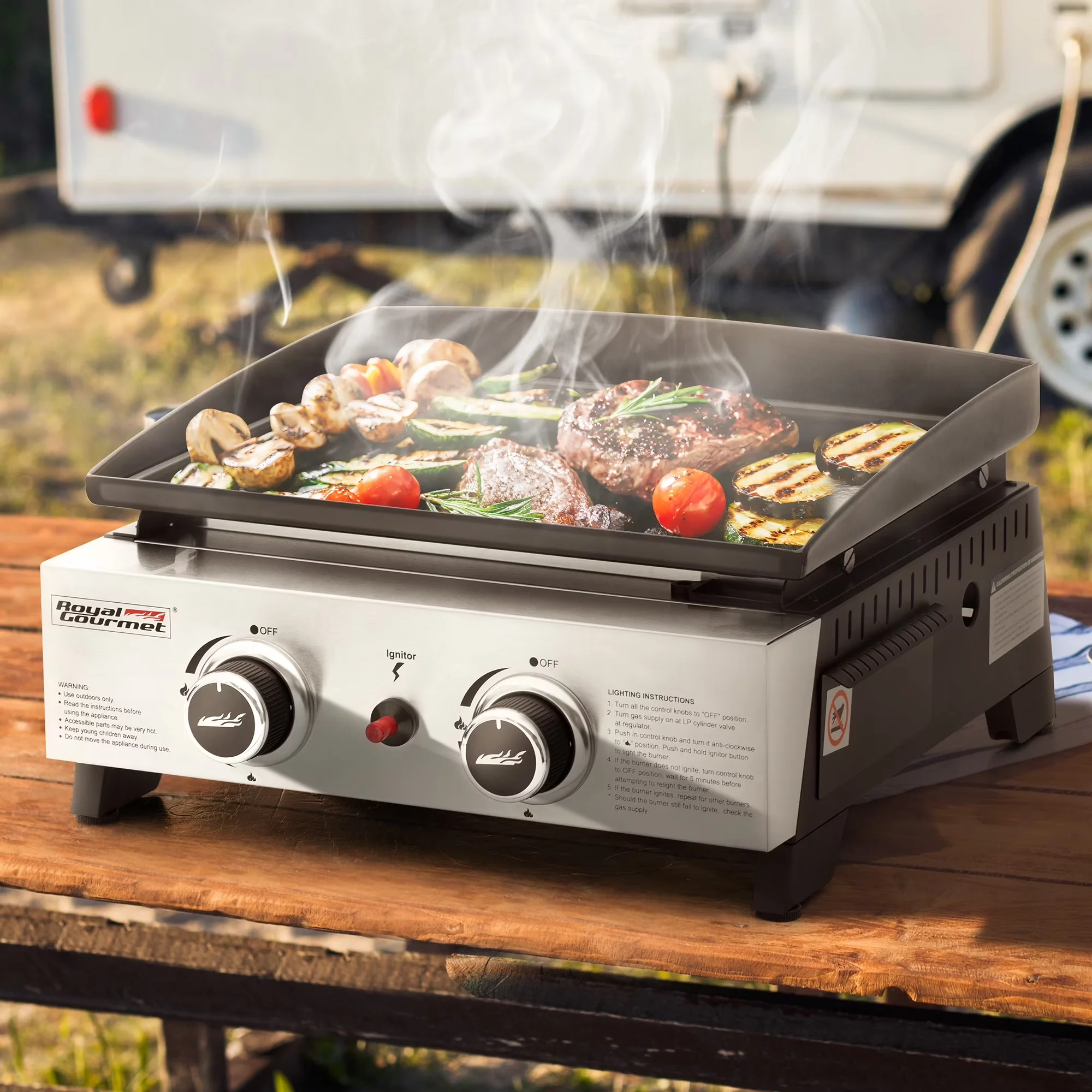 Versatile Flat Top Grill with 17000 BTU, Portable - Steel (Griddle Flat Top, Grease Cup), Stainless Steel (Control Panel, Burners)... Model 9E4AF4
