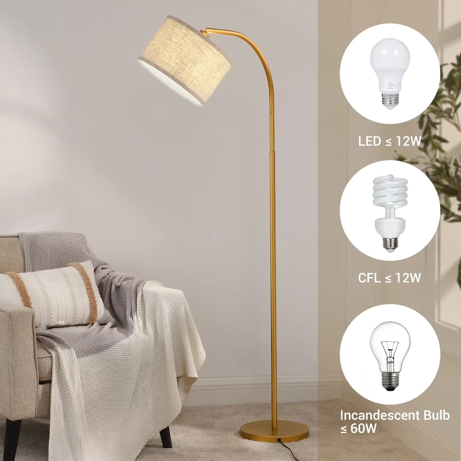 Floor Lamp Efficient with LED, Modern, Arc - Gold, Beige, Multicolor Metal Model D3D6A0