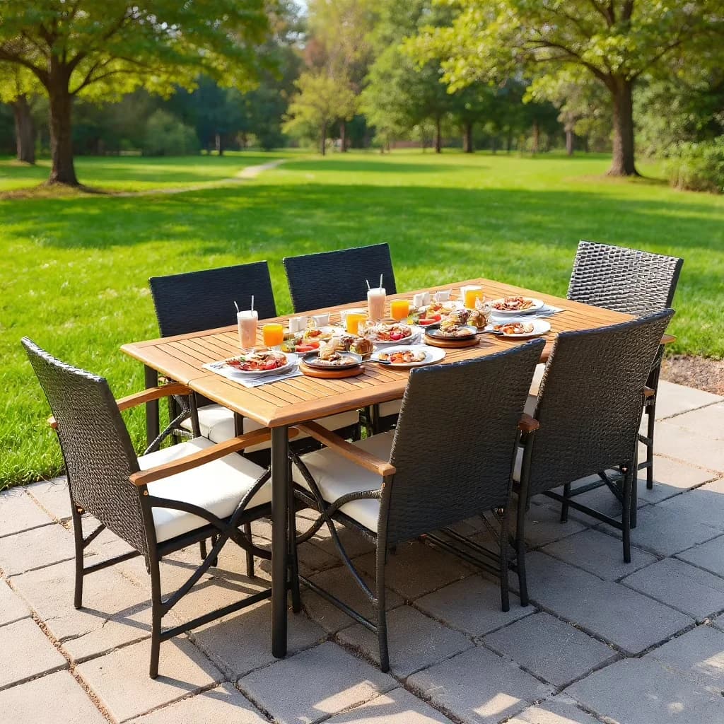 Versatile Patio Dining Set with Modern, Weight Capacity of the Table:165 lbs, Acacia Wood Table-6 Pieces + - Acacia Wood, Metal, Pe... Model 214C89