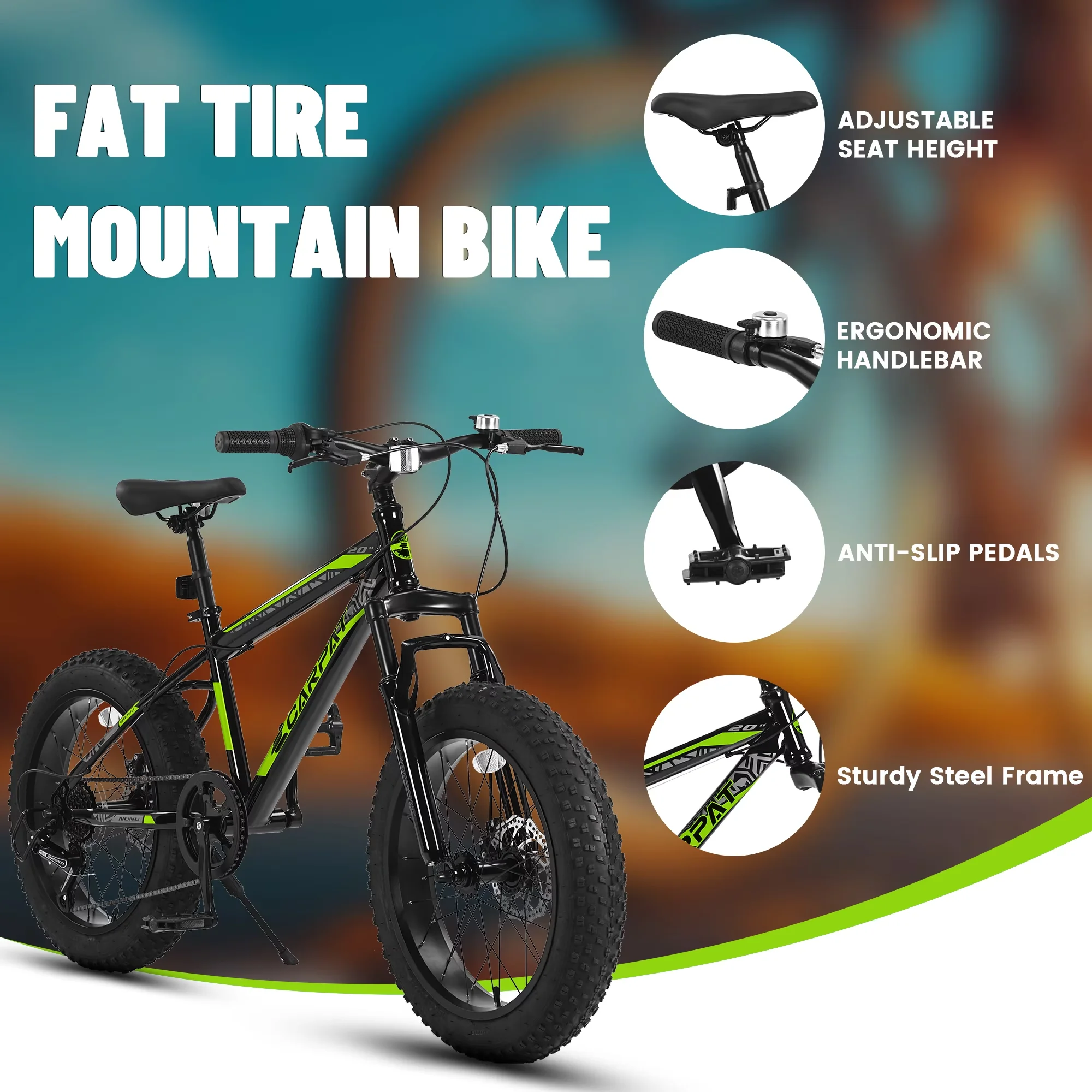 Classic Kids Bike with Lightweight, Adjustable Height, High-Carbon Steel Frame MTB - Black-Green Model 48AB6D