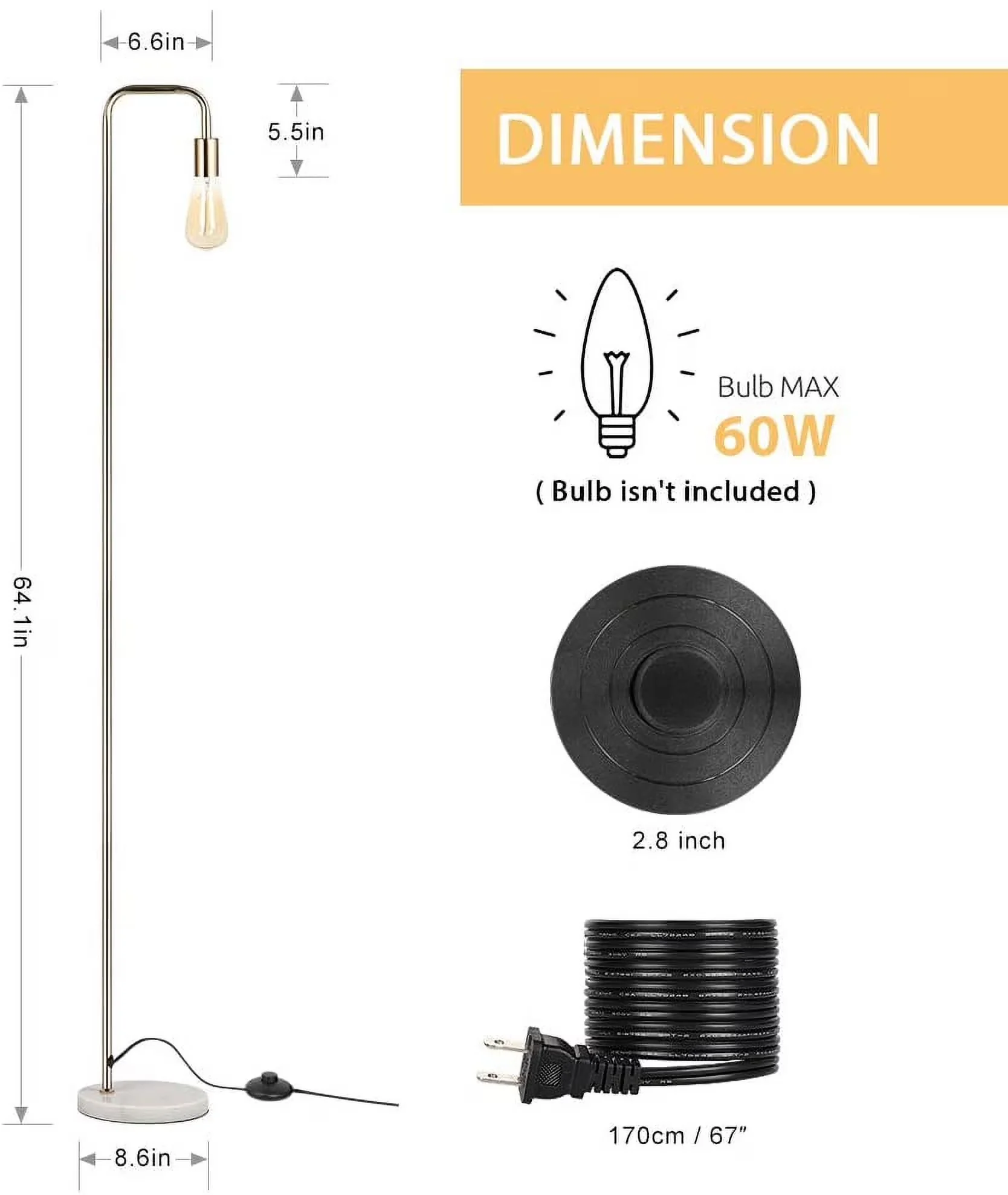 Premium Floor Lamp with Incandescent, Energy Efficient, Minimalist Metal Industrial Standing - Metal Gold Model 5C7C2B