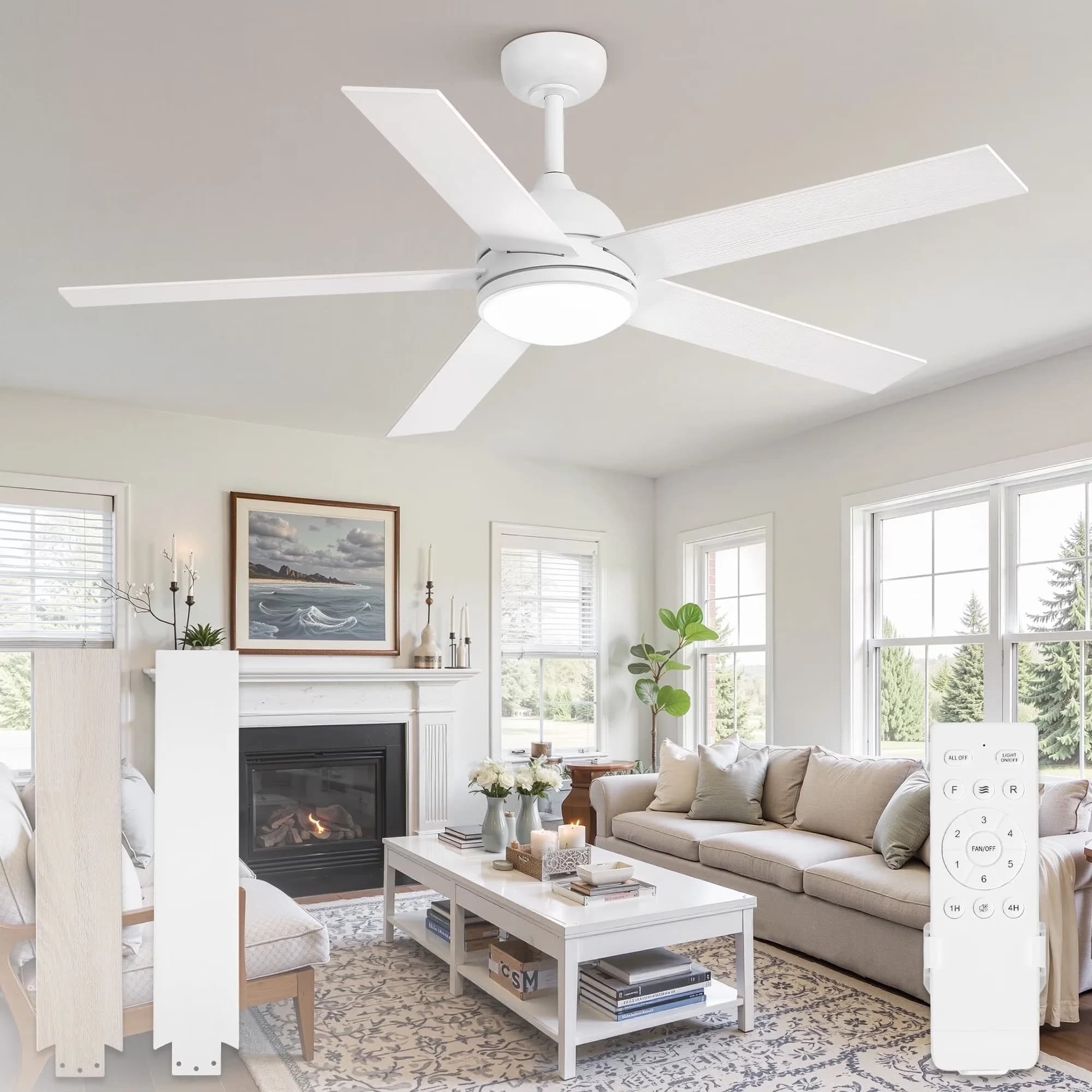 Ceiling Fan Sleek with LED, Color Changing - White Metal for Living Room, Indoor Model C8A844