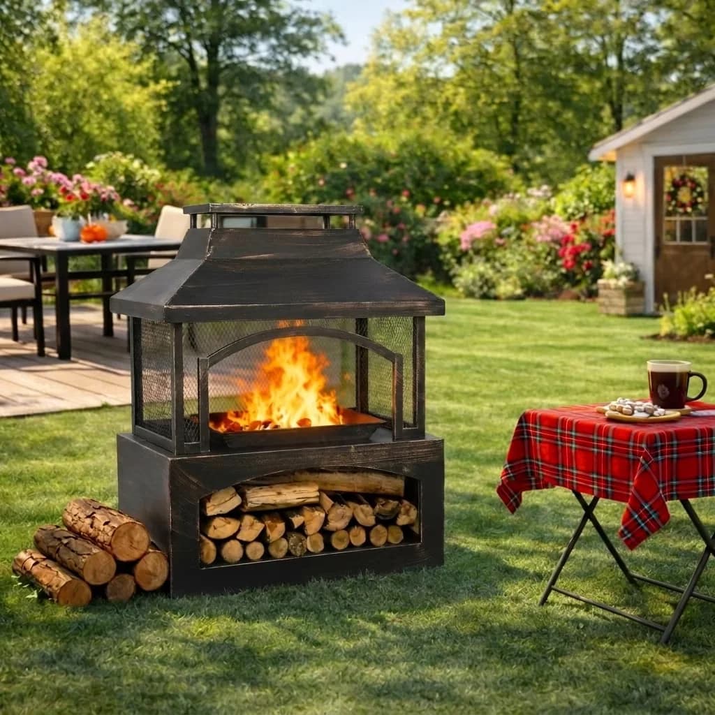 Outdoor Heating Premium with Portable, 37" Steel Wood-Burning Fire Pit, Mesh Screen and Log Poker - Steel Brown for Patio, Garden Model 9486BA