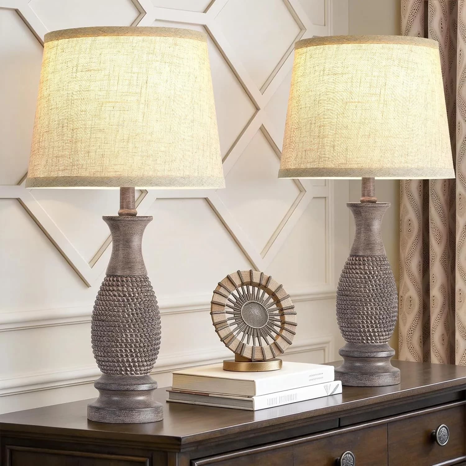 Lamp Set Modern with LED, Energy Efficient, Modern - Brown Linen, Metal, Resin for Living Room, Bedroom Model 04DA65
