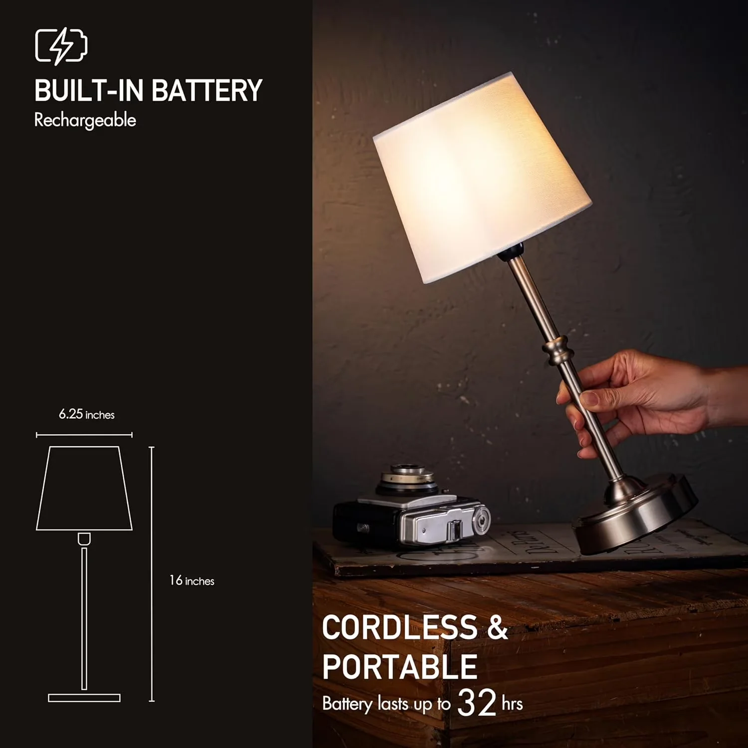 Professional Lamp with LED, Battery, O’Bright Seraph - Silver Metal - Quality Construction Model 612EEA