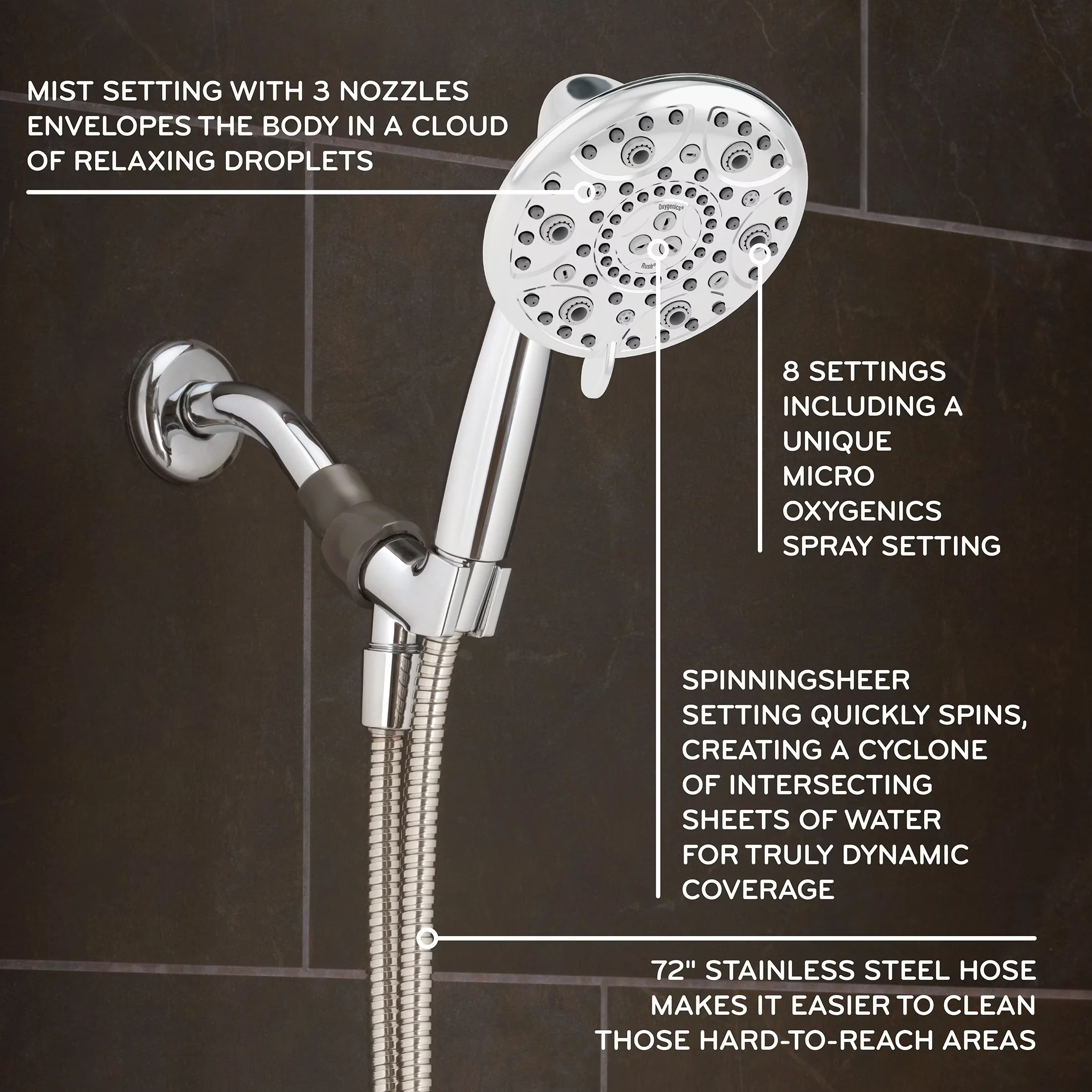 Classic Shower Head with High Pressure, 72 Inch Hose, Rush 8-Setting Chrome Handheld - Abs Silver Model A61F1D